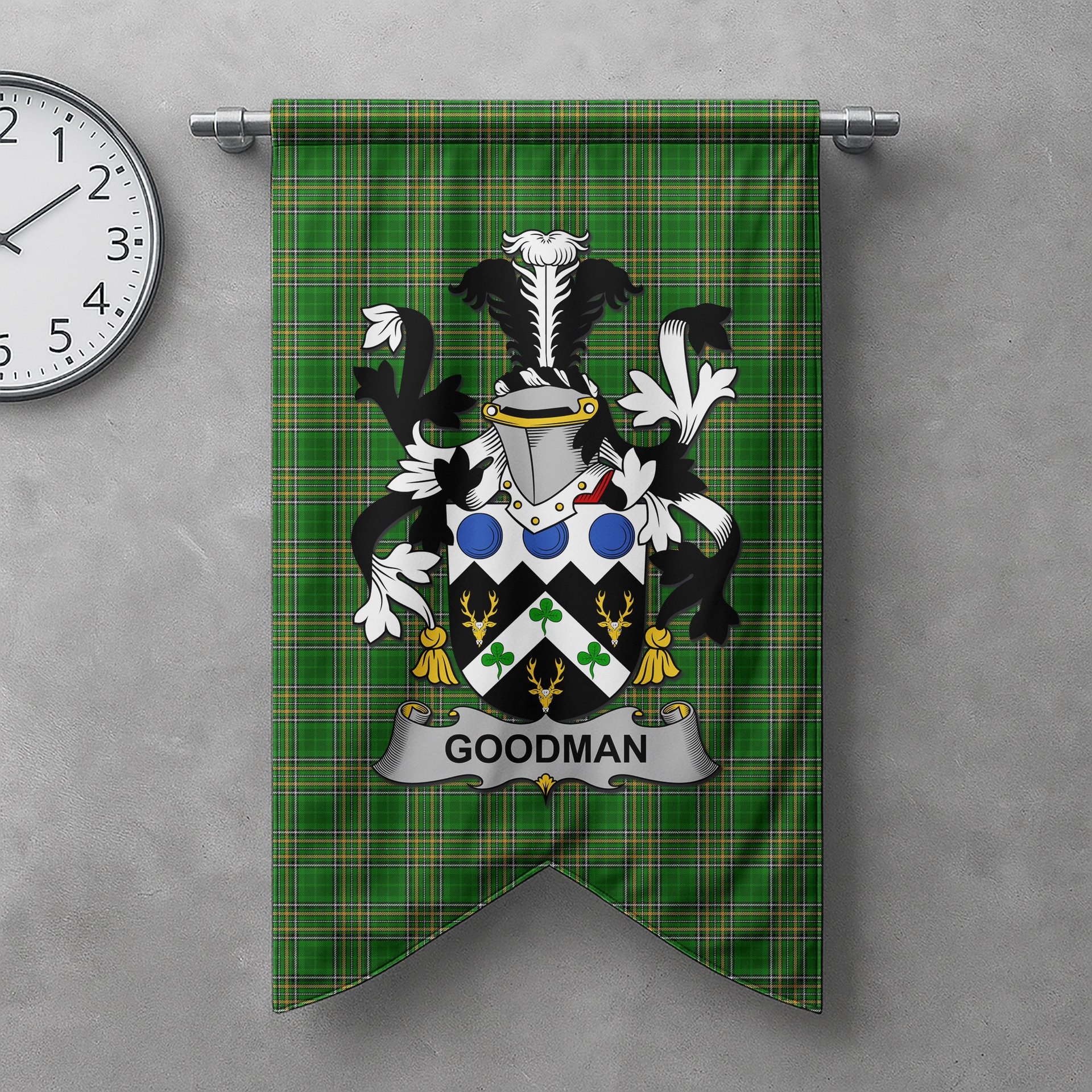 ScotsTee Shop Irish Goodman Clan Coat of Arms Irish Tartan Gonfalon Flag