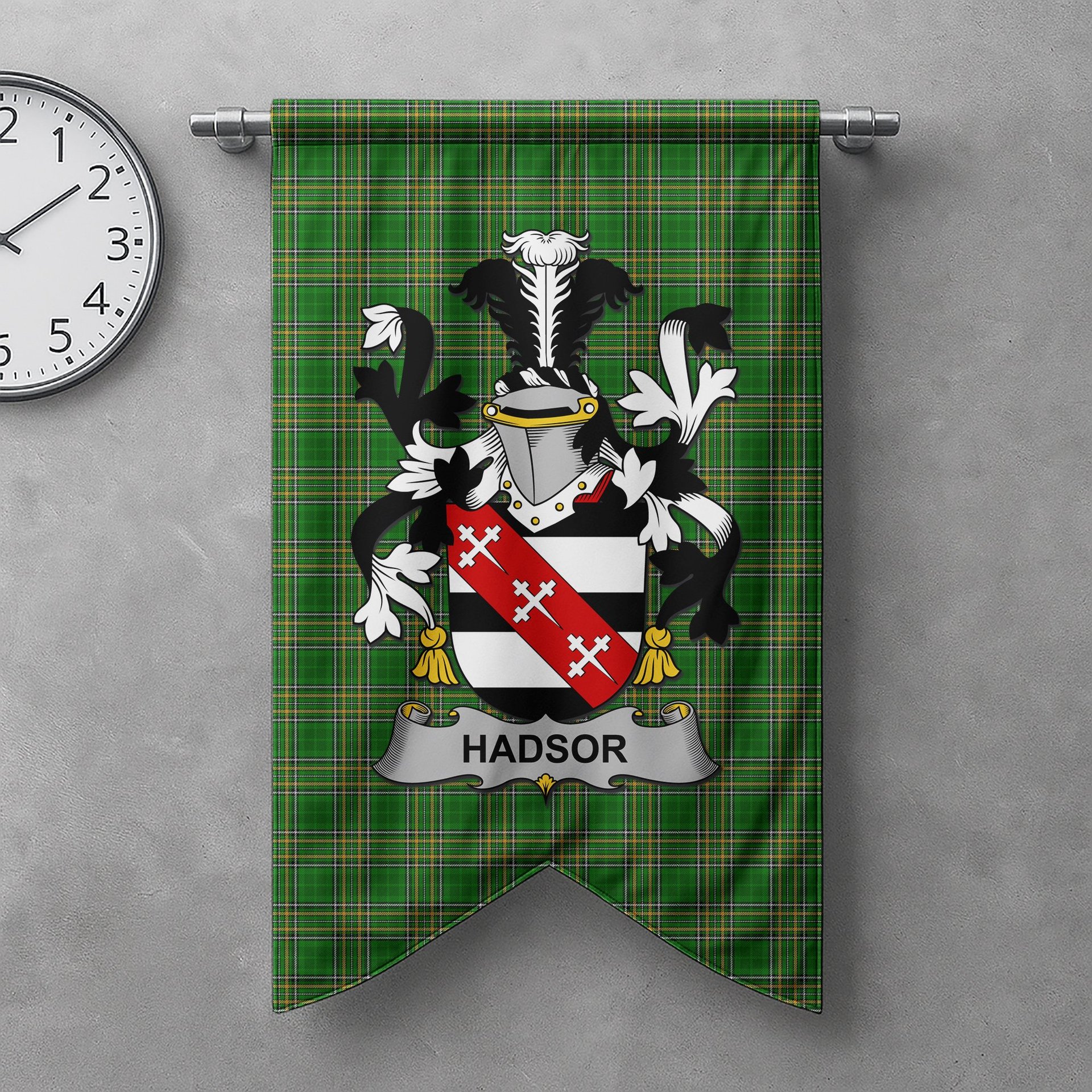 ScotsTee Shop Irish Hadsor Clan Coat of Arms Irish Tartan Gonfalon Flag