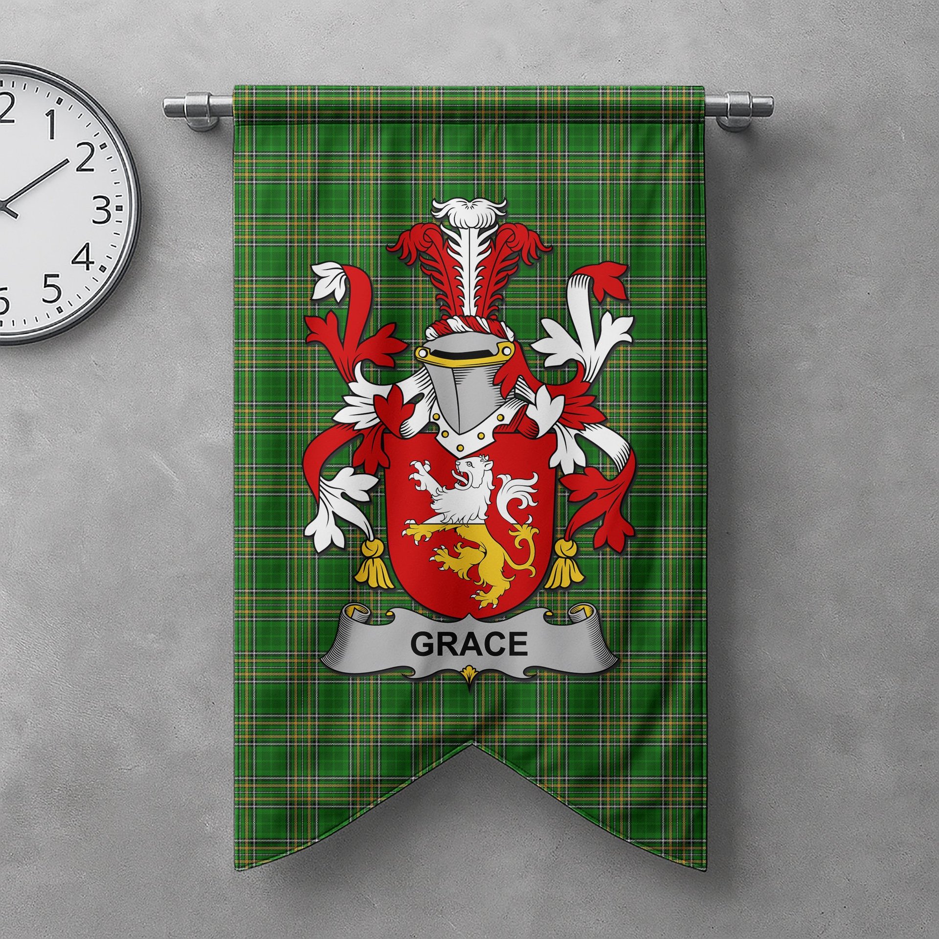 ScotsTee Shop Irish Grace Clan Coat of Arms Irish Tartan Gonfalon Flag