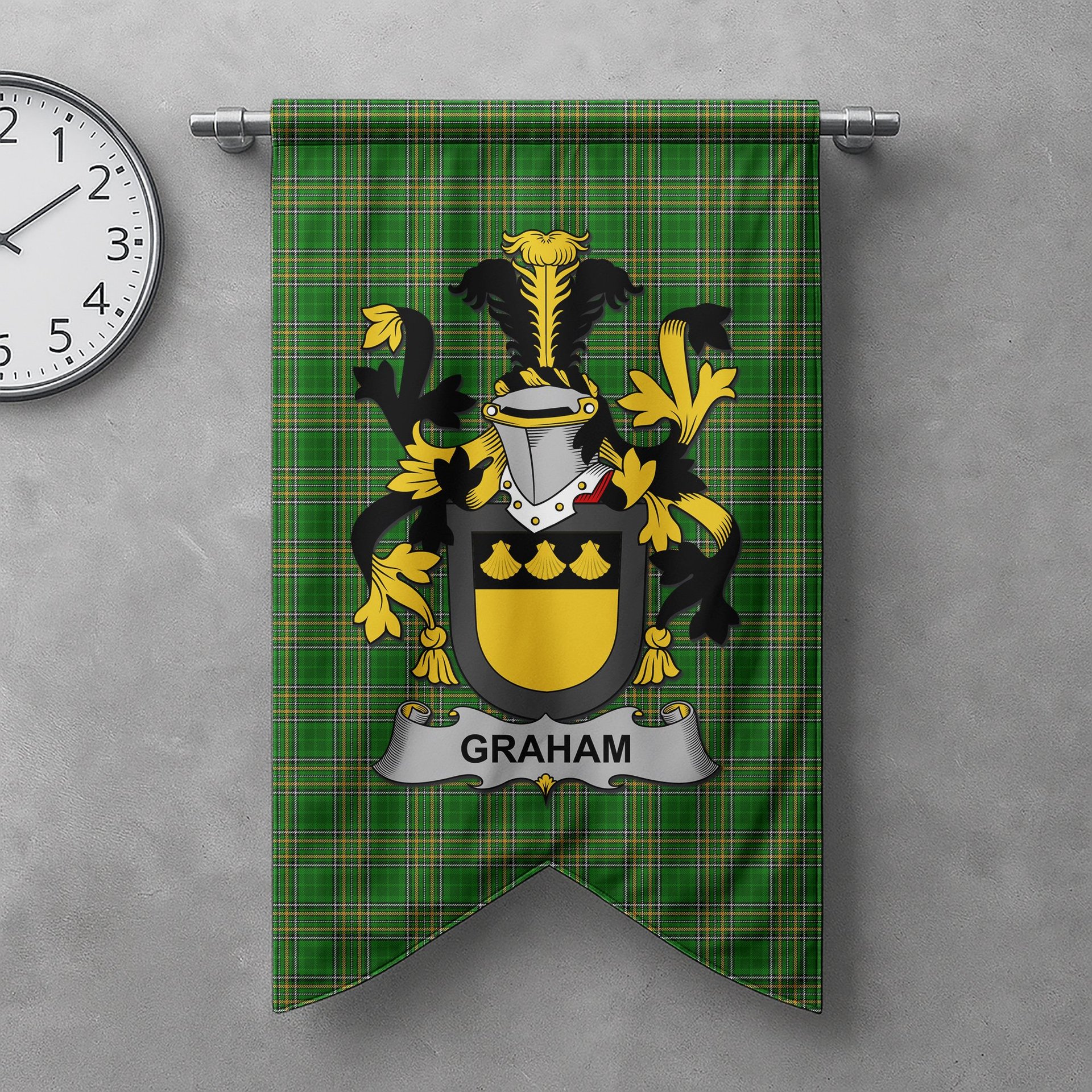 ScotsTee Shop Irish Graham or Grahan Clan Coat of Arms Irish Tartan Gonfalon Flag