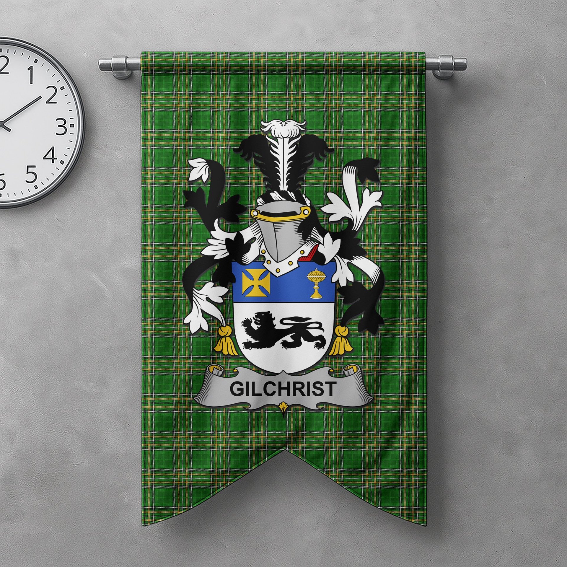 ScotsTee Shop Irish Gilchrist or McGilchrist Clan Coat of Arms Irish Tartan Gonfalon Flag