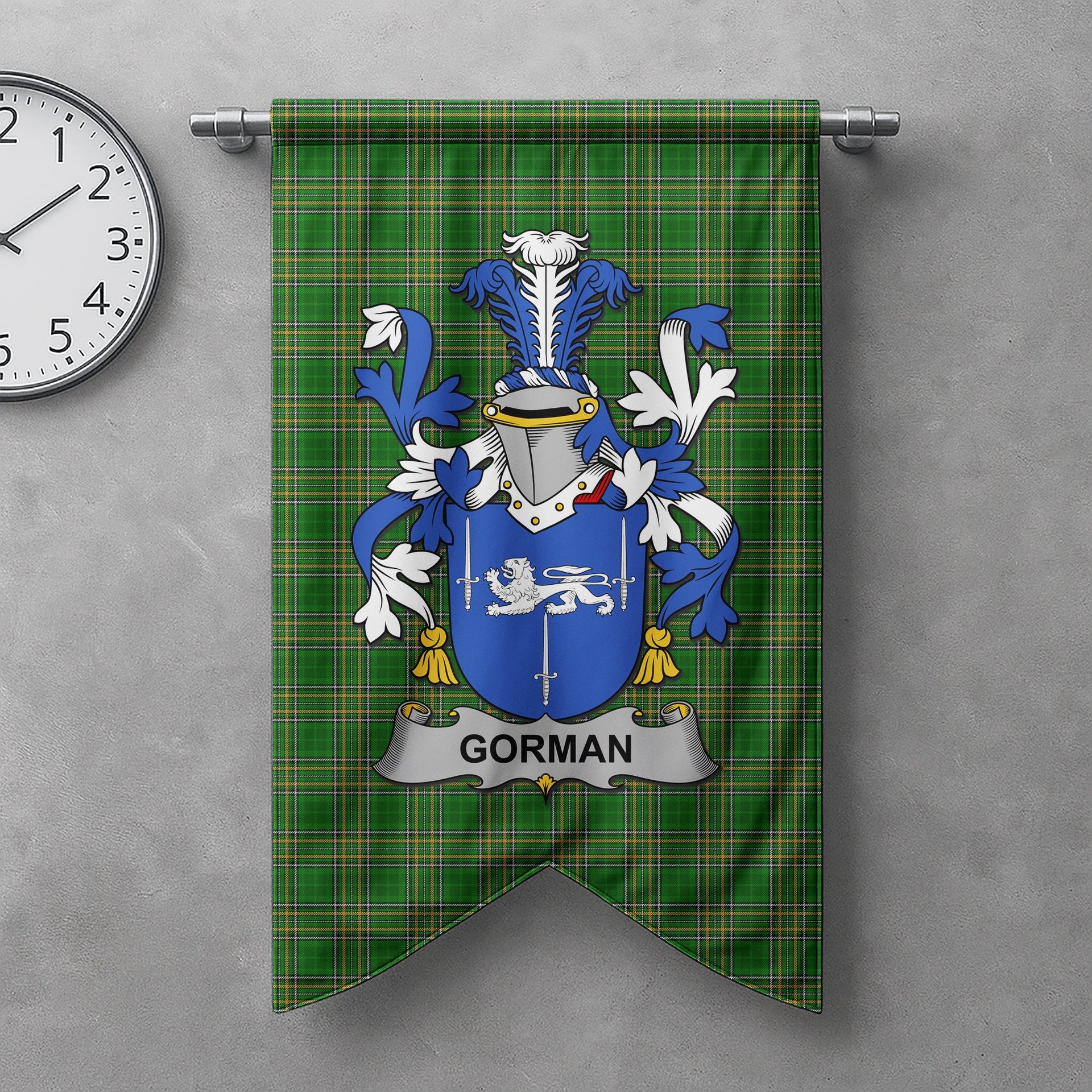 ScotsTee Shop Irish Gorman or McGorman Clan Coat of Arms Irish Tartan Gonfalon Flag