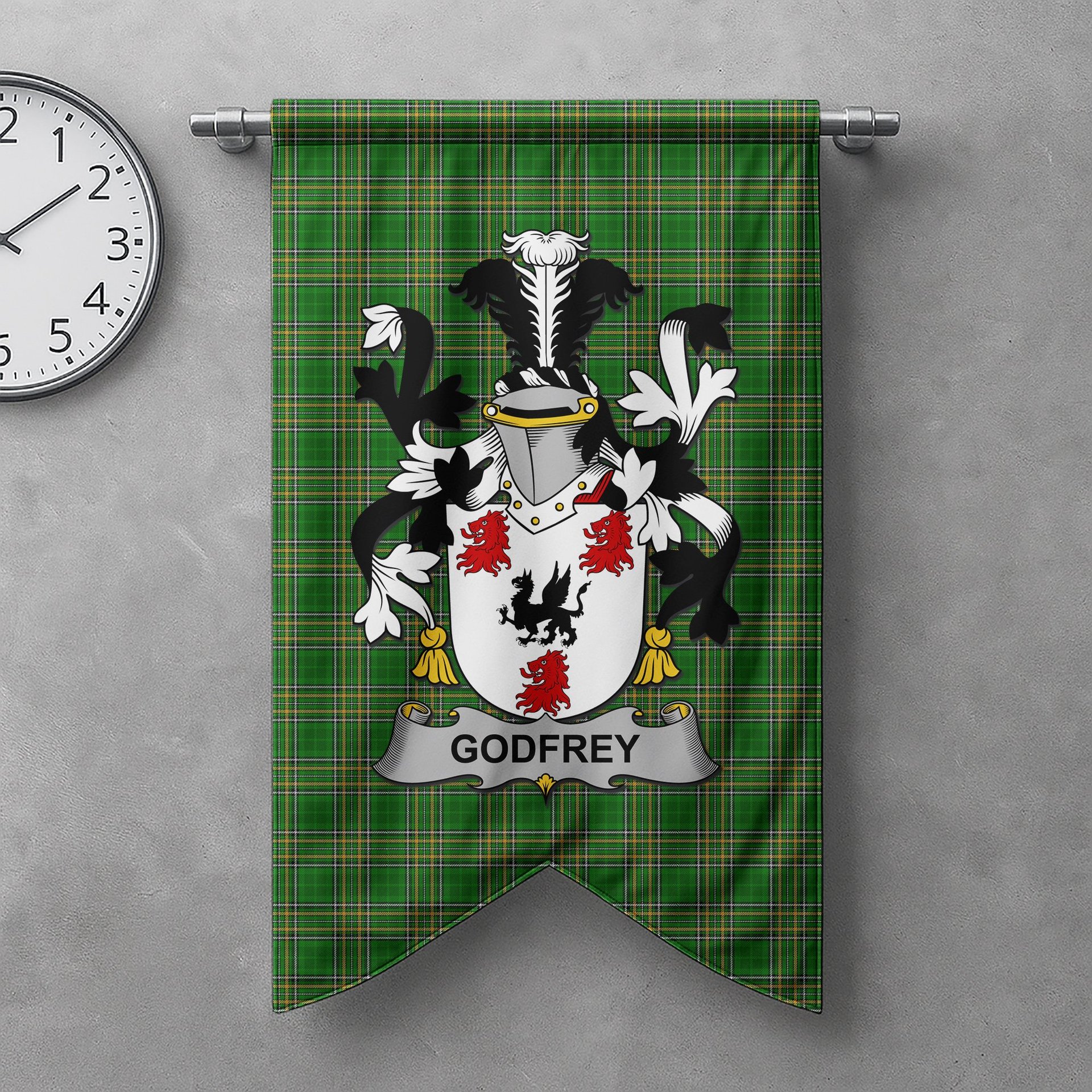 ScotsTee Shop Irish Godfrey (of Bushfield) Clan Coat of Arms Irish Tartan Gonfalon Flag