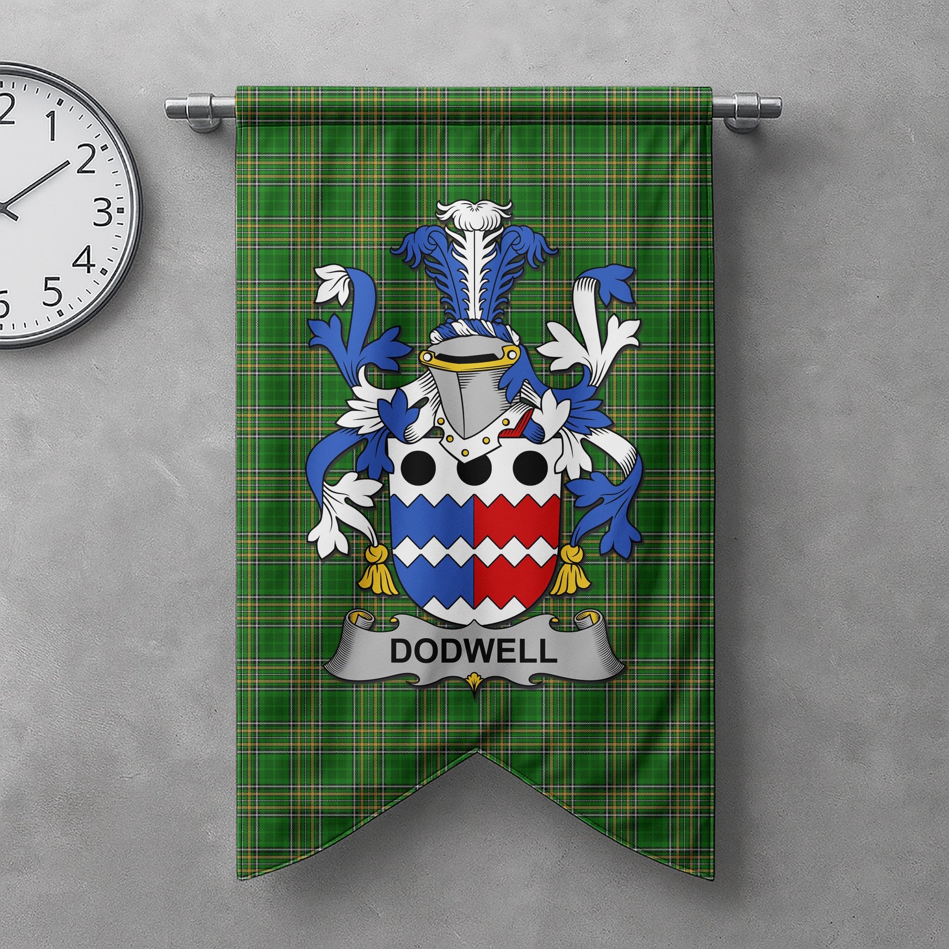 ScotsTee Shop Irish Dodwell Clan Coat of Arms Irish Tartan Gonfalon Flag