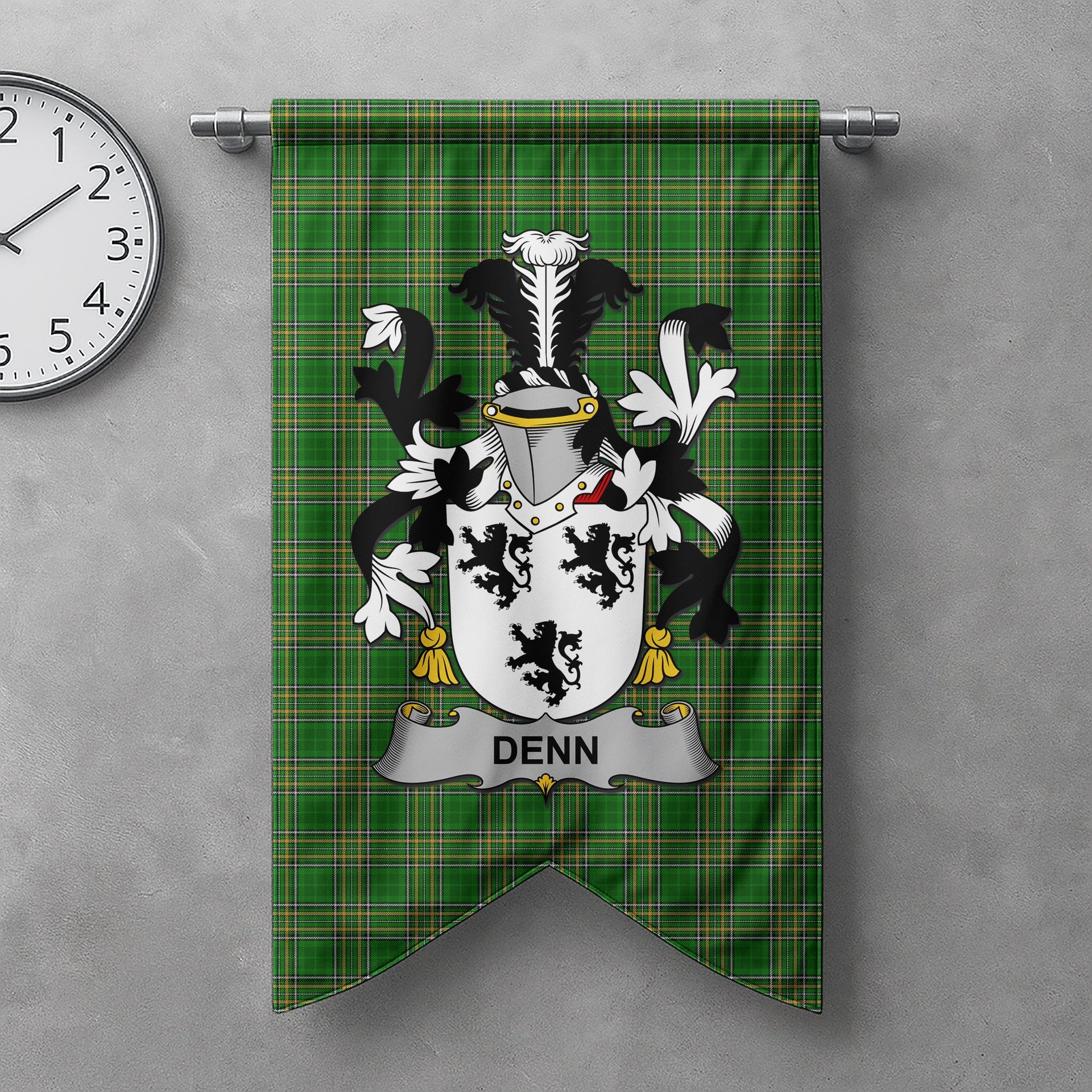 ScotsTee Shop Irish Denn Clan Coat of Arms Irish Tartan Gonfalon Flag