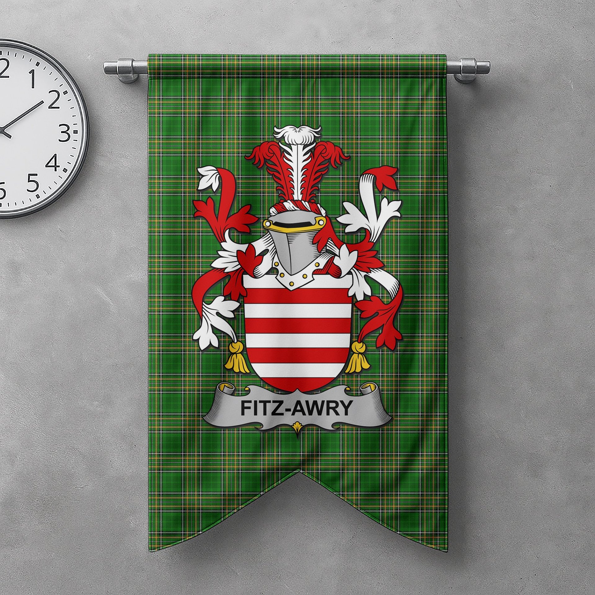 ScotsTee Shop Irish Fitz-Awry Clan Coat of Arms Irish Tartan Gonfalon Flag