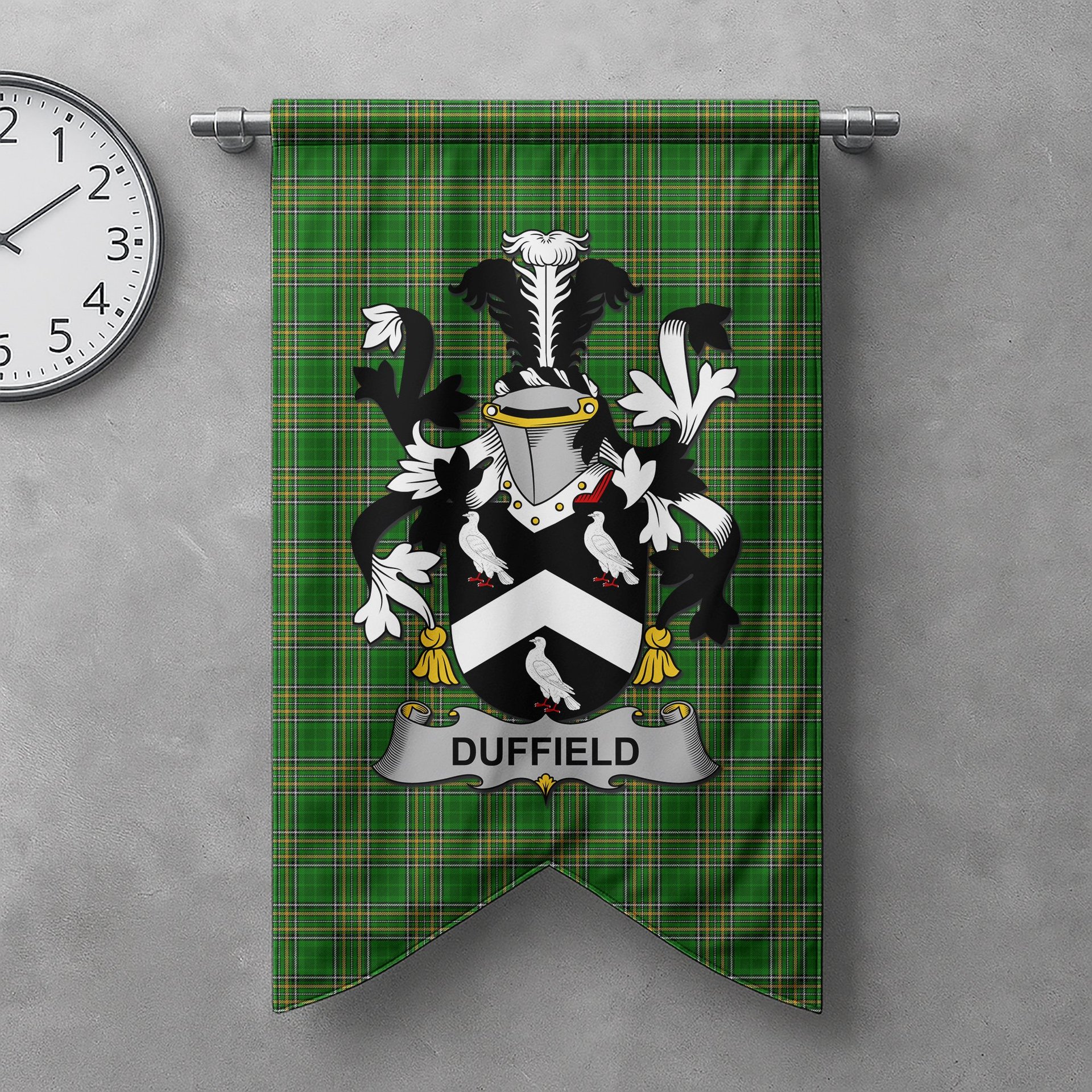 ScotsTee Shop Irish Duffield Clan Coat of Arms Irish Tartan Gonfalon Flag