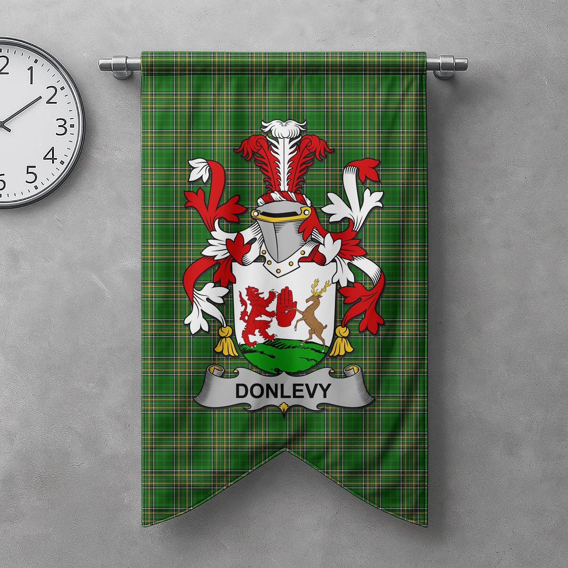 ScotsTee Shop Irish Donlevy or O'Donlevy Clan Coat of Arms Irish Tartan Gonfalon Flag