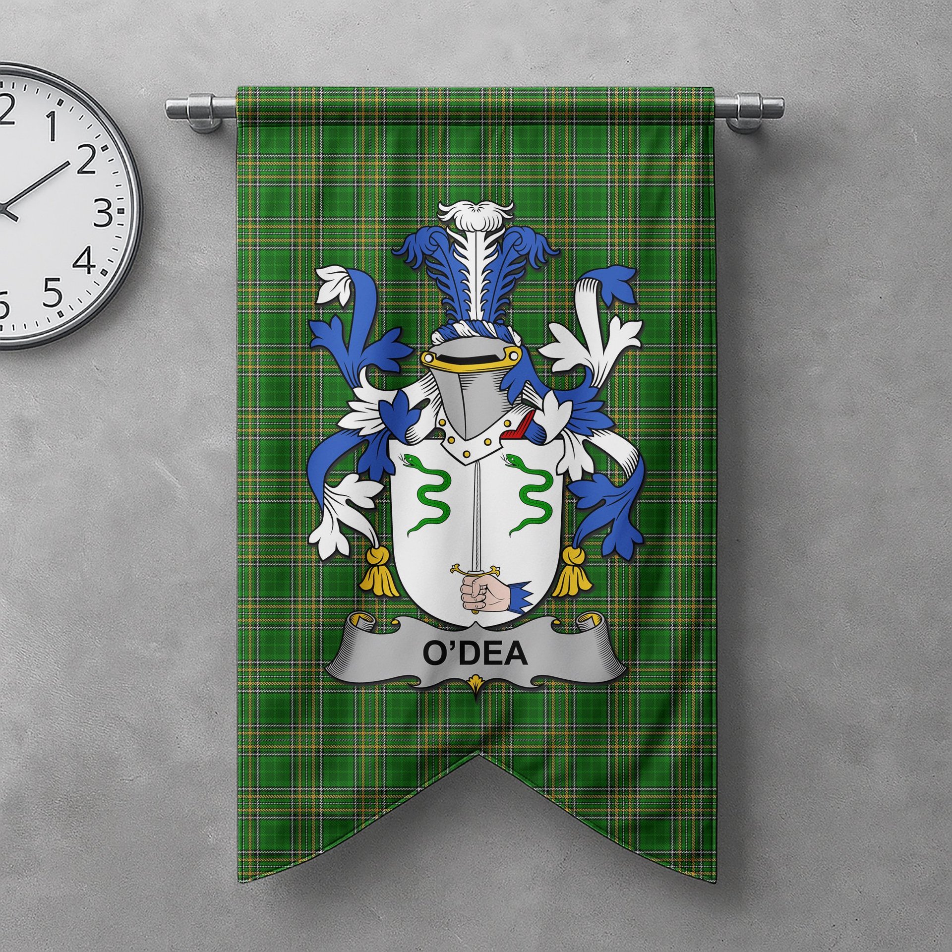 ScotsTee Shop Irish Dea or O'Dea Clan Coat of Arms Irish Tartan Gonfalon Flag