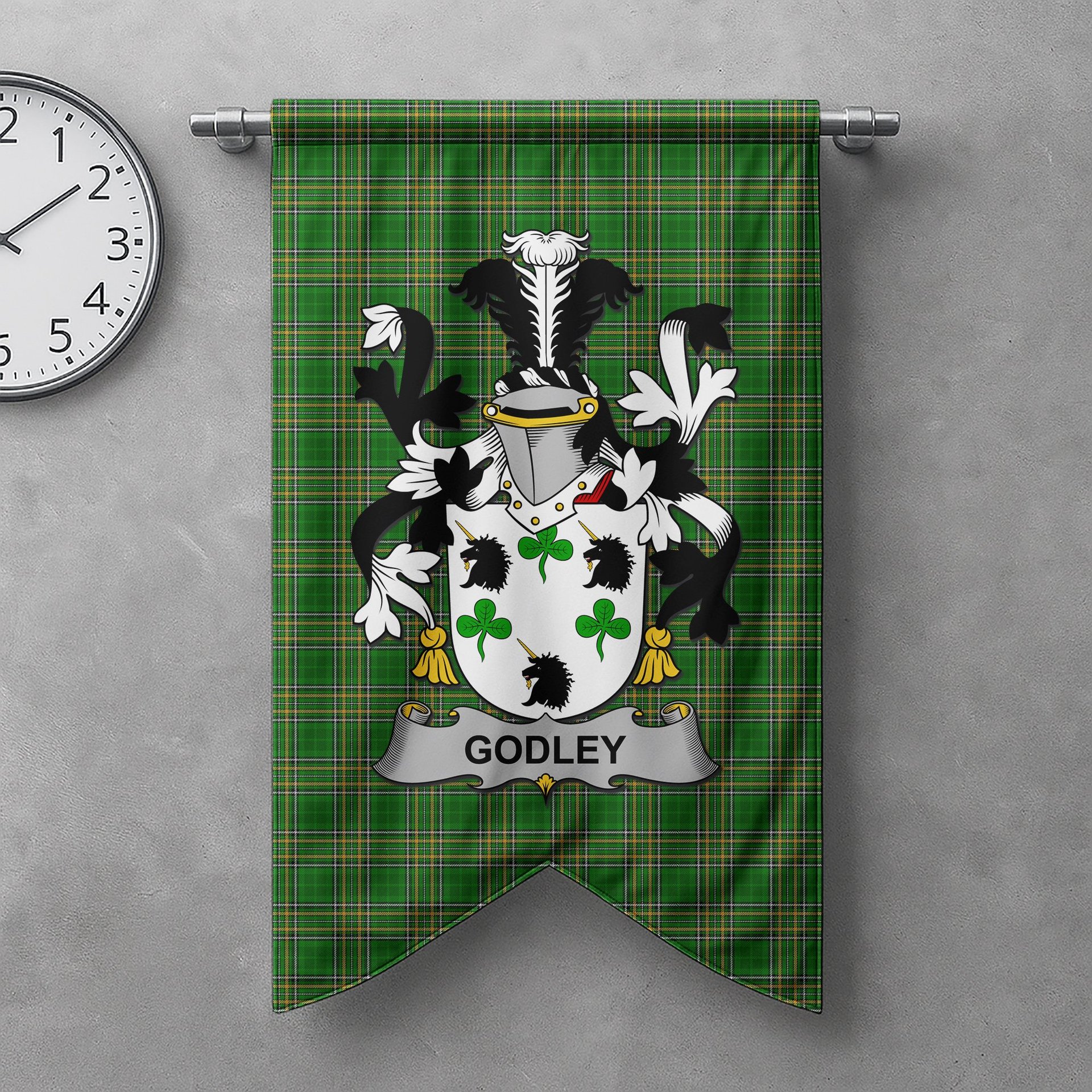 ScotsTee Shop Irish Godley Clan Coat of Arms Irish Tartan Gonfalon Flag
