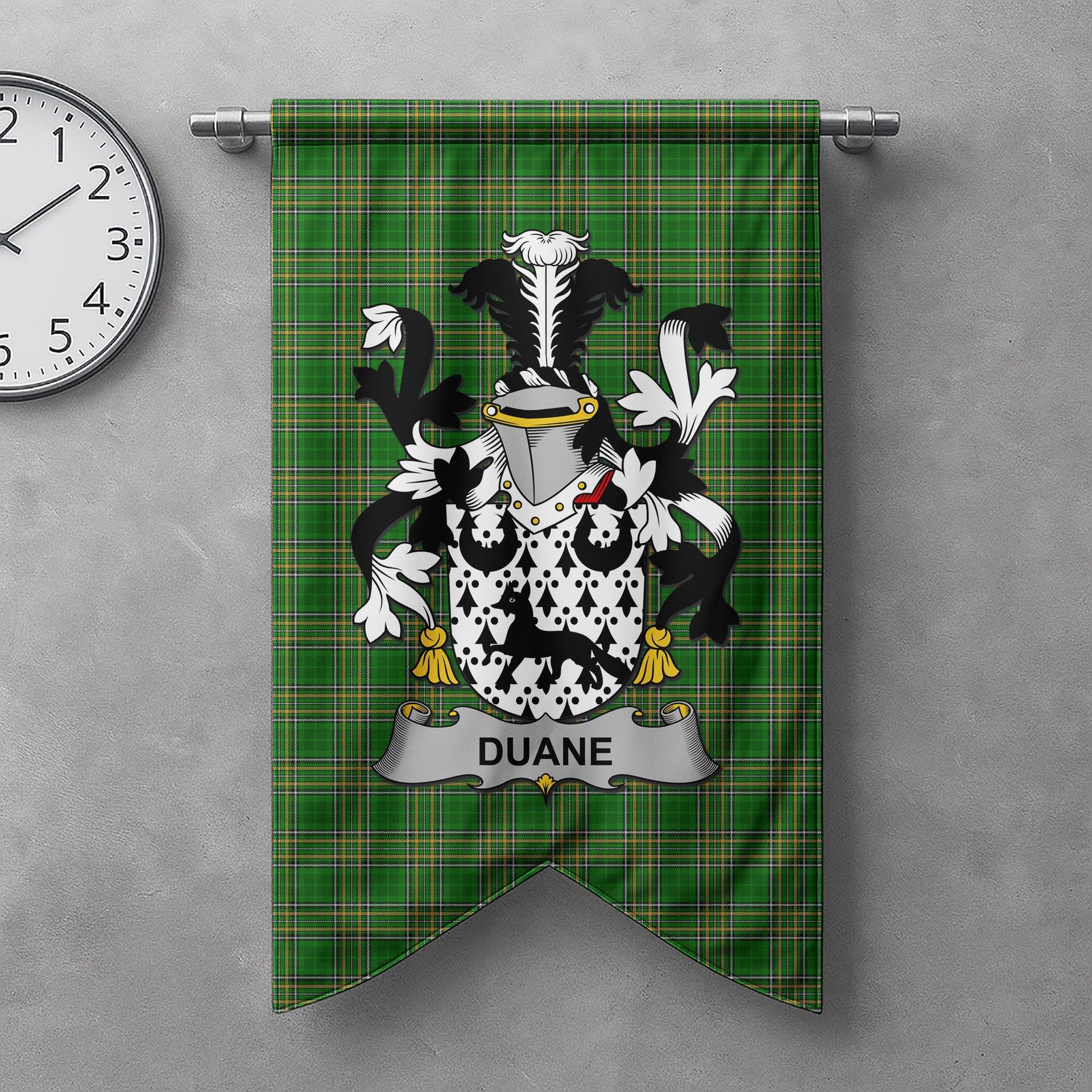 ScotsTee Shop Irish Duane or O'Devine Clan Coat of Arms Irish Tartan Gonfalon Flag