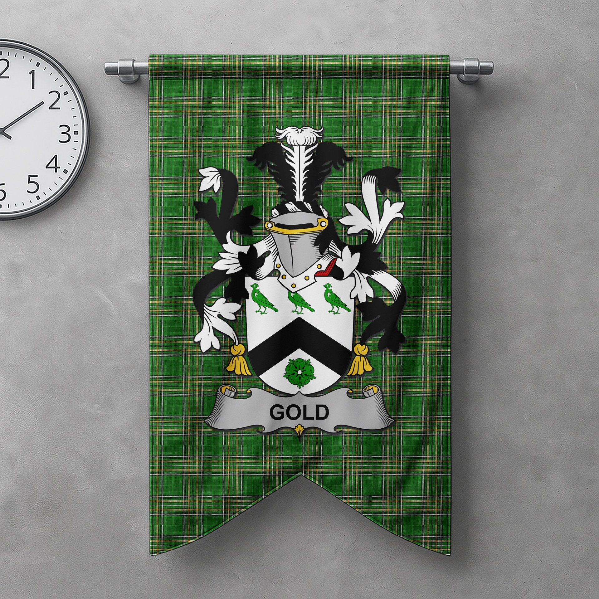 ScotsTee Shop Irish Gold Clan Coat of Arms Irish Tartan Gonfalon Flag