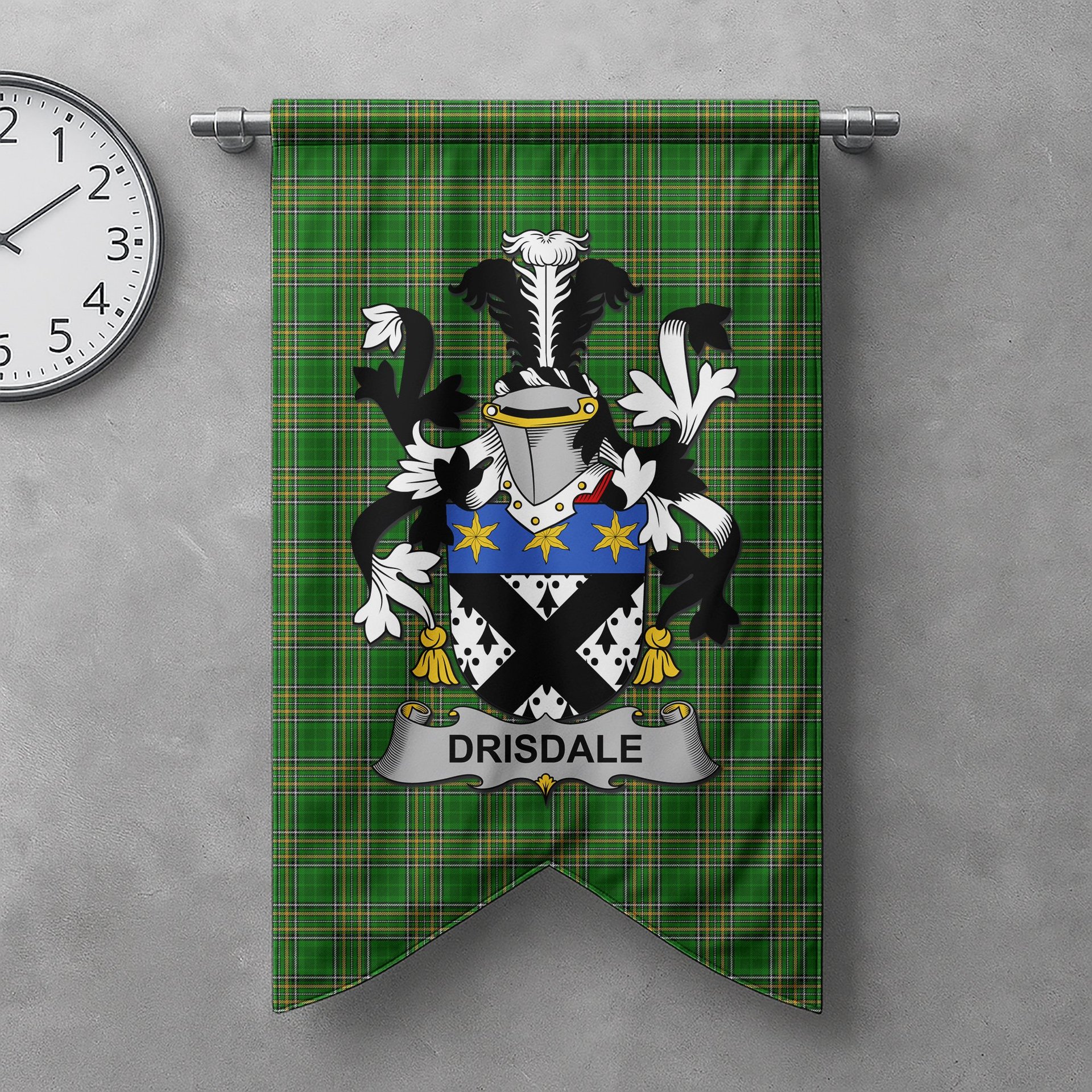 ScotsTee Shop Irish Drisdale Clan Coat of Arms Irish Tartan Gonfalon Flag