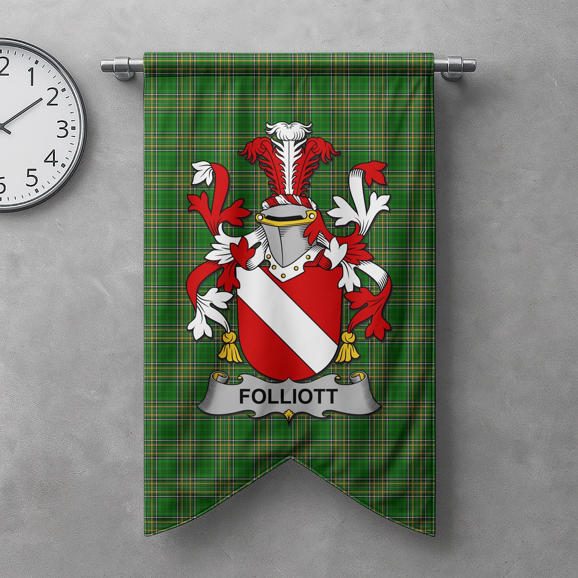 ScotsTee Shop Irish Folliott Clan Coat of Arms Irish Tartan Gonfalon Flag