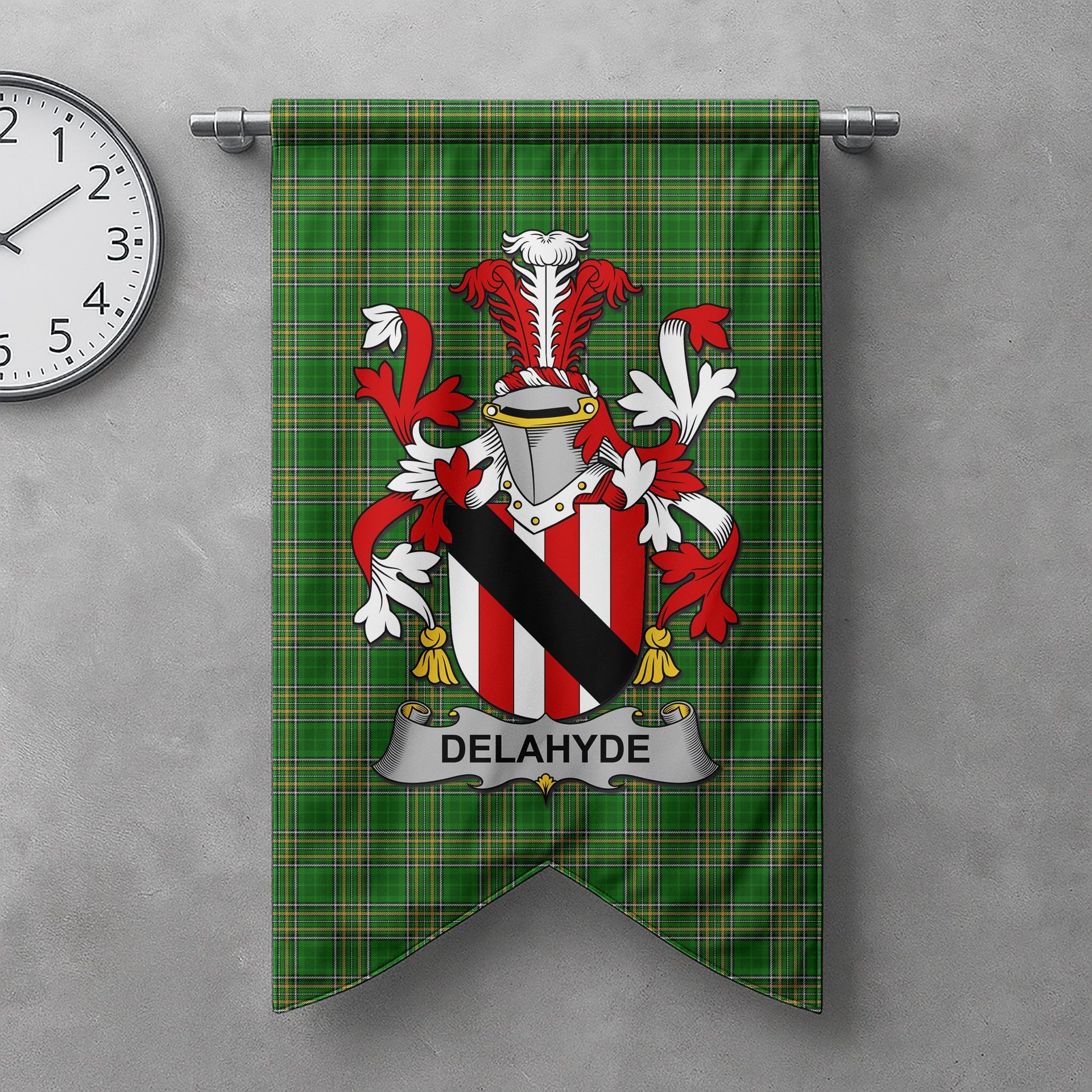 ScotsTee Shop Irish Delahyde Clan Coat of Arms Irish Tartan Gonfalon Flag