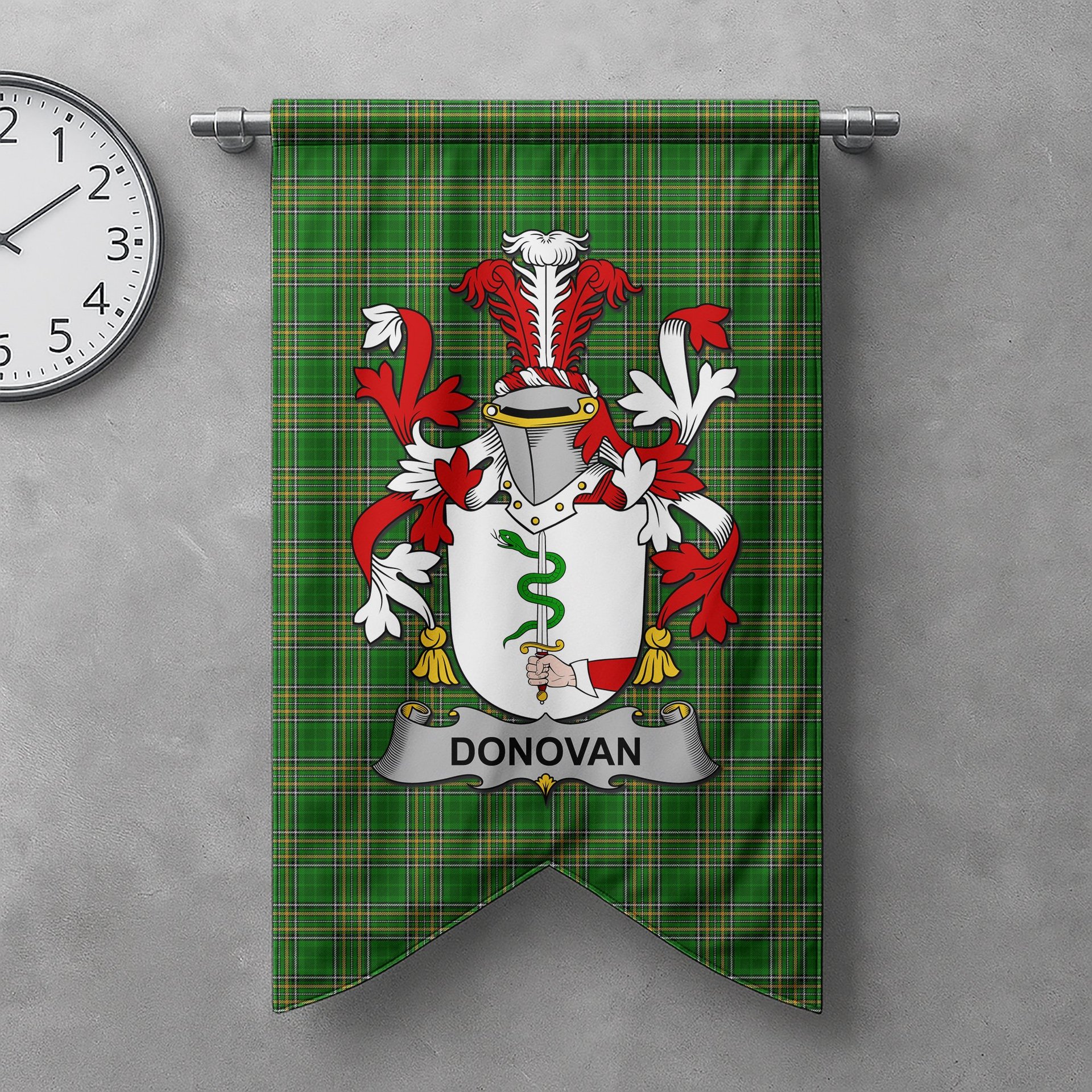 ScotsTee Shop Irish Donovan or O'Donovan Clan Coat of Arms Irish Tartan Gonfalon Flag
