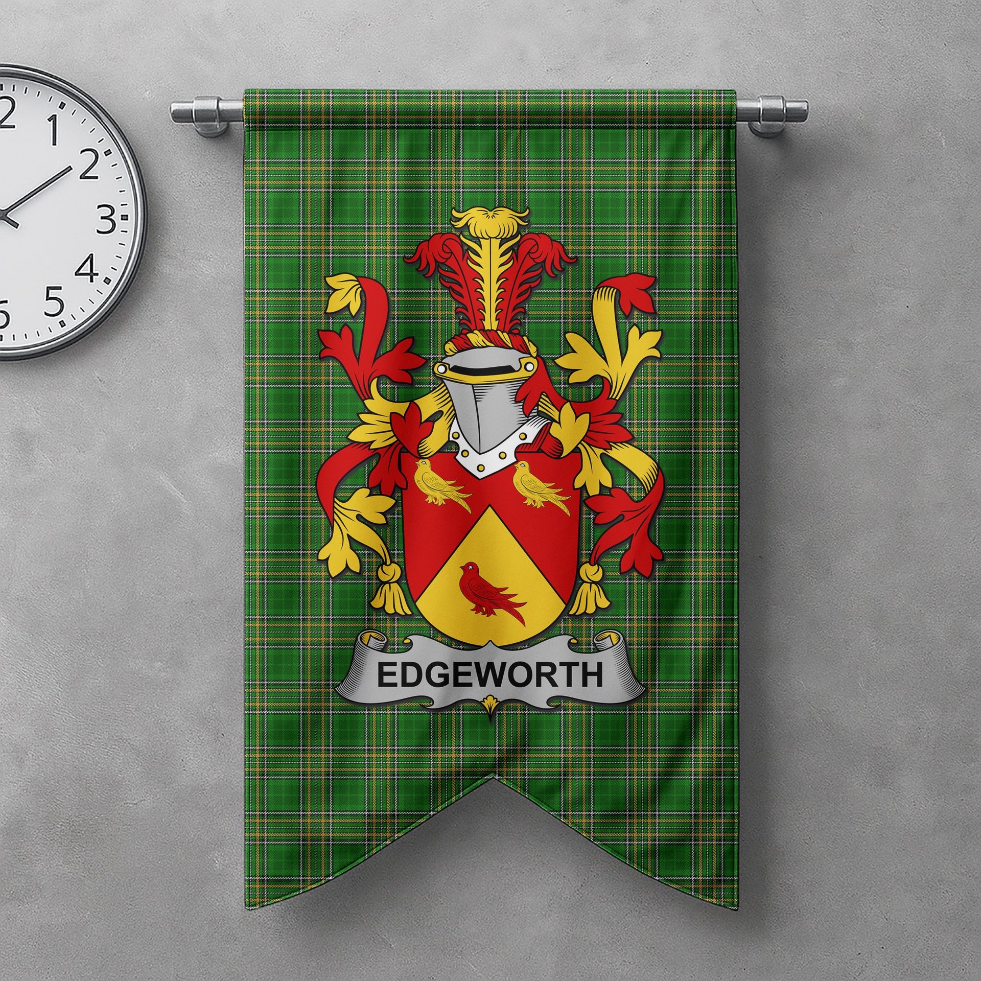 ScotsTee Shop Irish Edgeworth Clan Coat of Arms Irish Tartan Gonfalon Flag