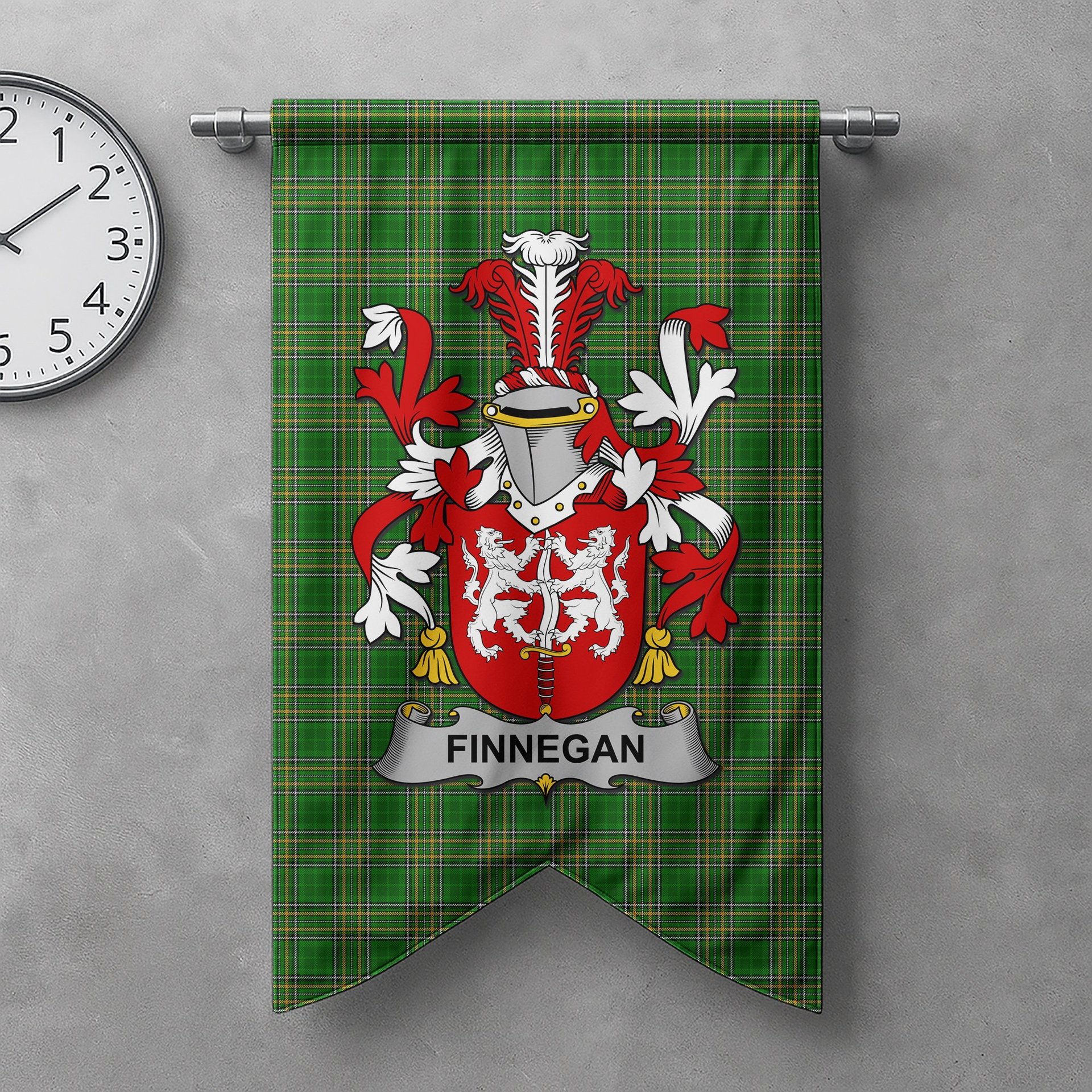 ScotsTee Shop Irish Finnegan or O'Finnegan Clan Coat of Arms Irish Tartan Gonfalon Flag