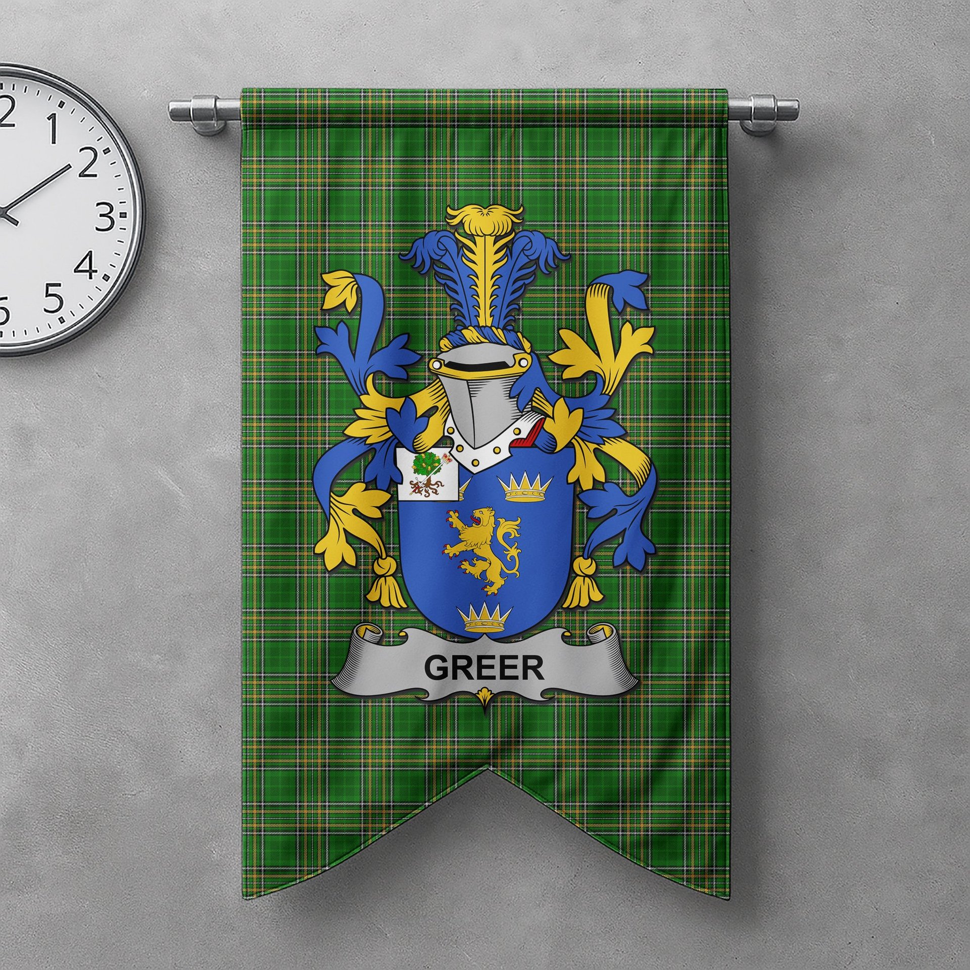 ScotsTee Shop Irish Greer Clan Coat of Arms Irish Tartan Gonfalon Flag