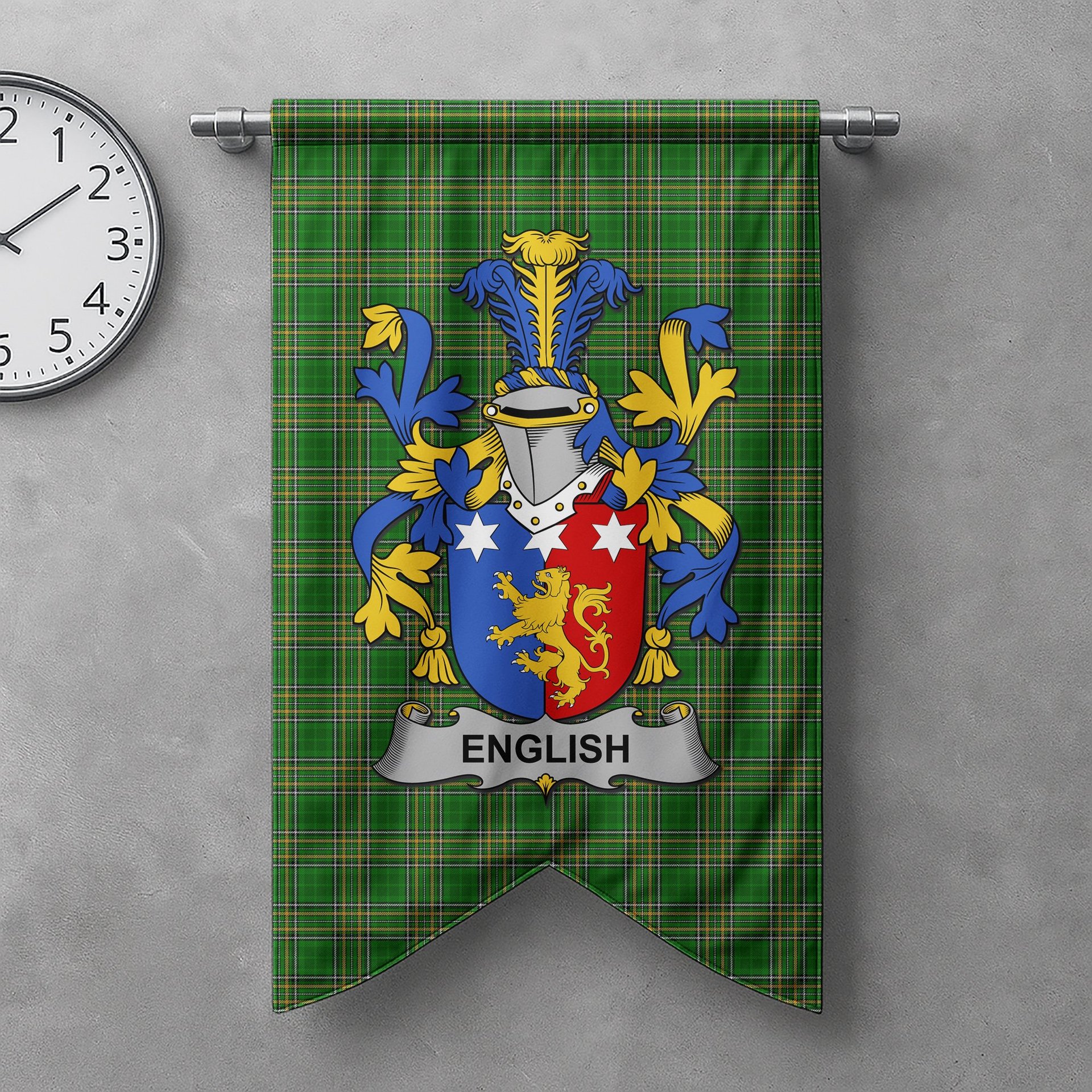 ScotsTee Shop Irish English Clan Coat of Arms Irish Tartan Gonfalon Flag