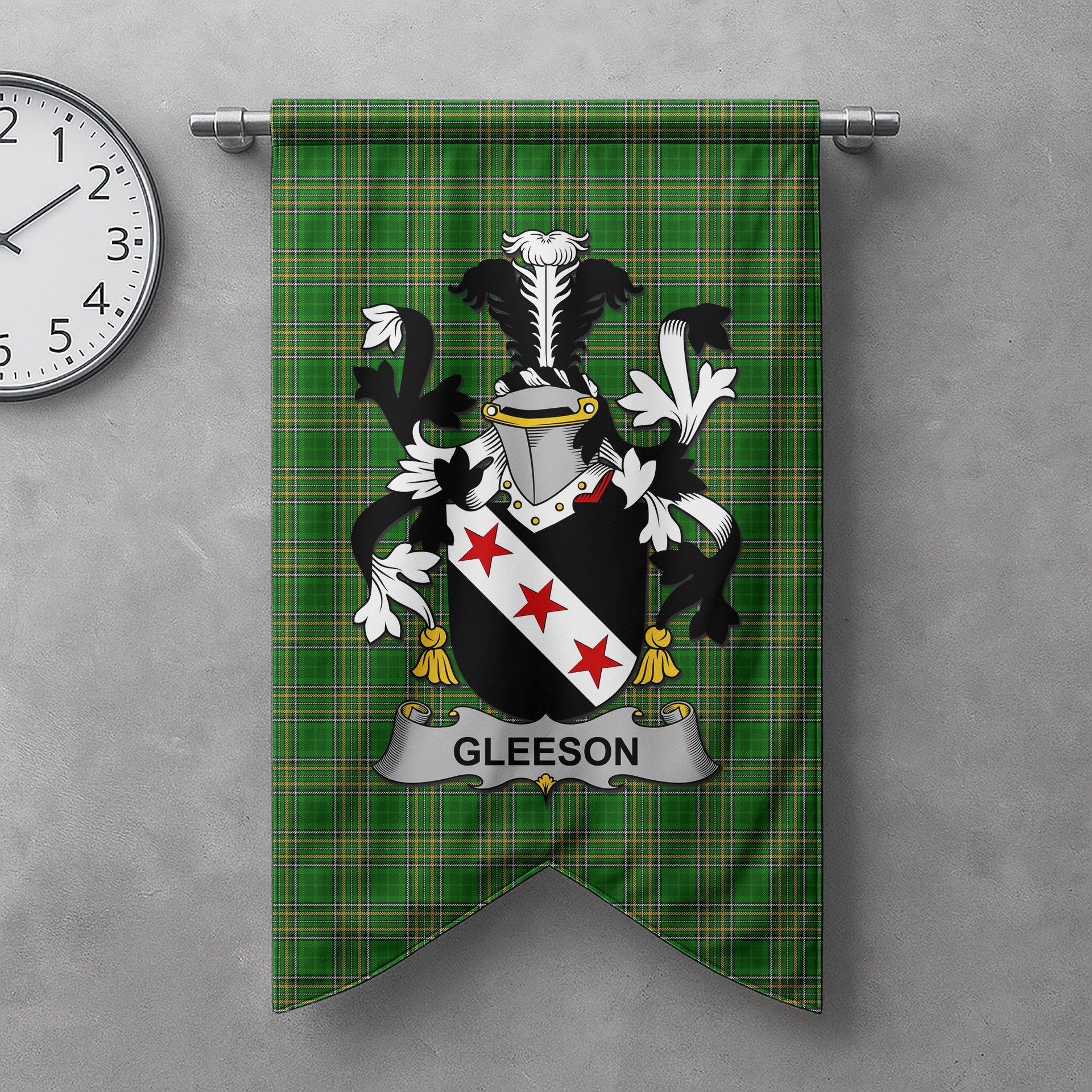 ScotsTee Shop Irish Gleeson or O'Glissane Clan Coat of Arms Irish Tartan Gonfalon Flag