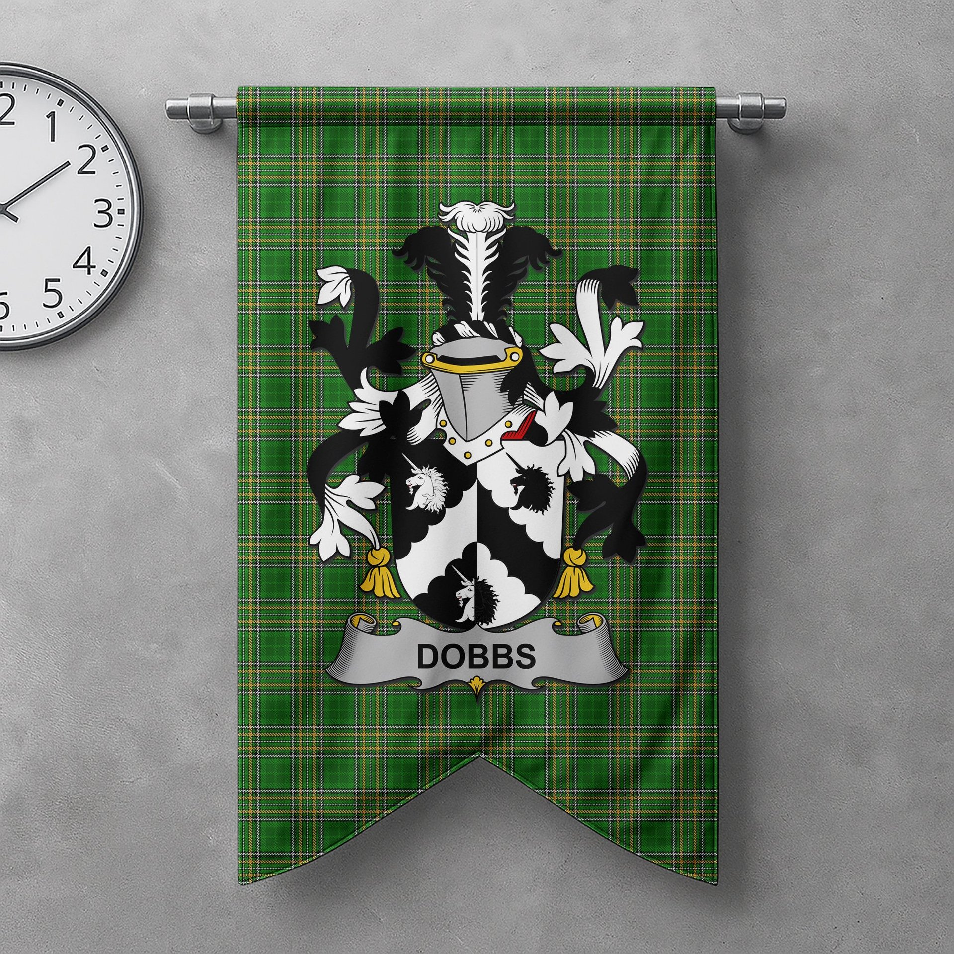ScotsTee Shop Irish Dobbs Clan Coat of Arms Irish Tartan Gonfalon Flag