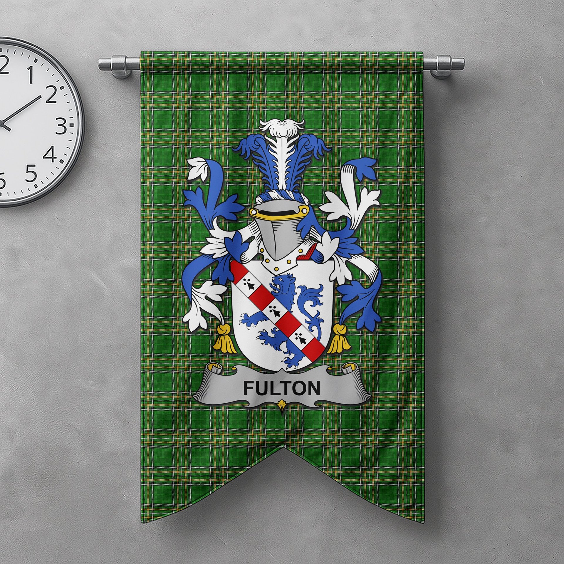 ScotsTee Shop Irish Fulton Clan Coat of Arms Irish Tartan Gonfalon Flag