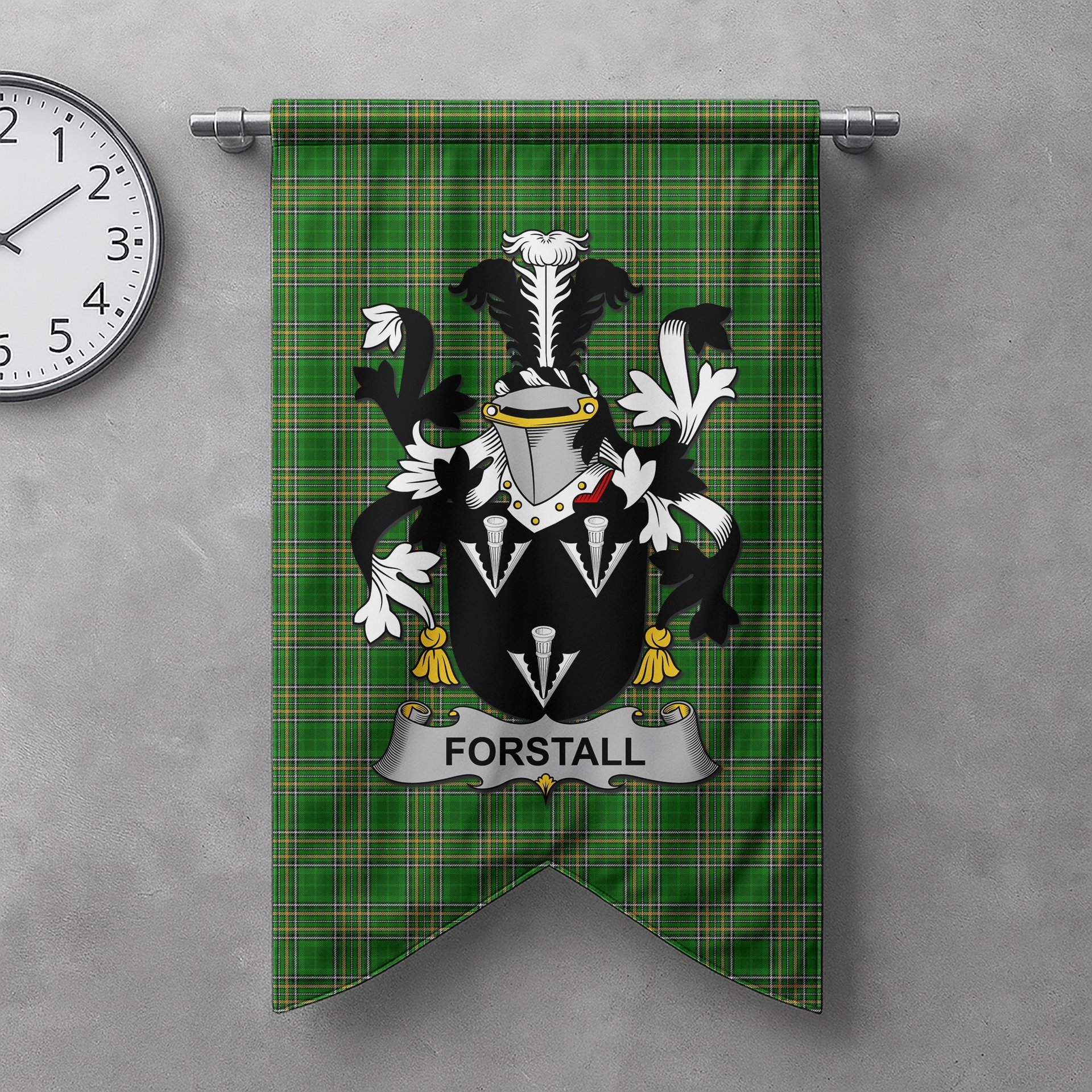 ScotsTee Shop Irish Forstall Clan Coat of Arms Irish Tartan Gonfalon Flag