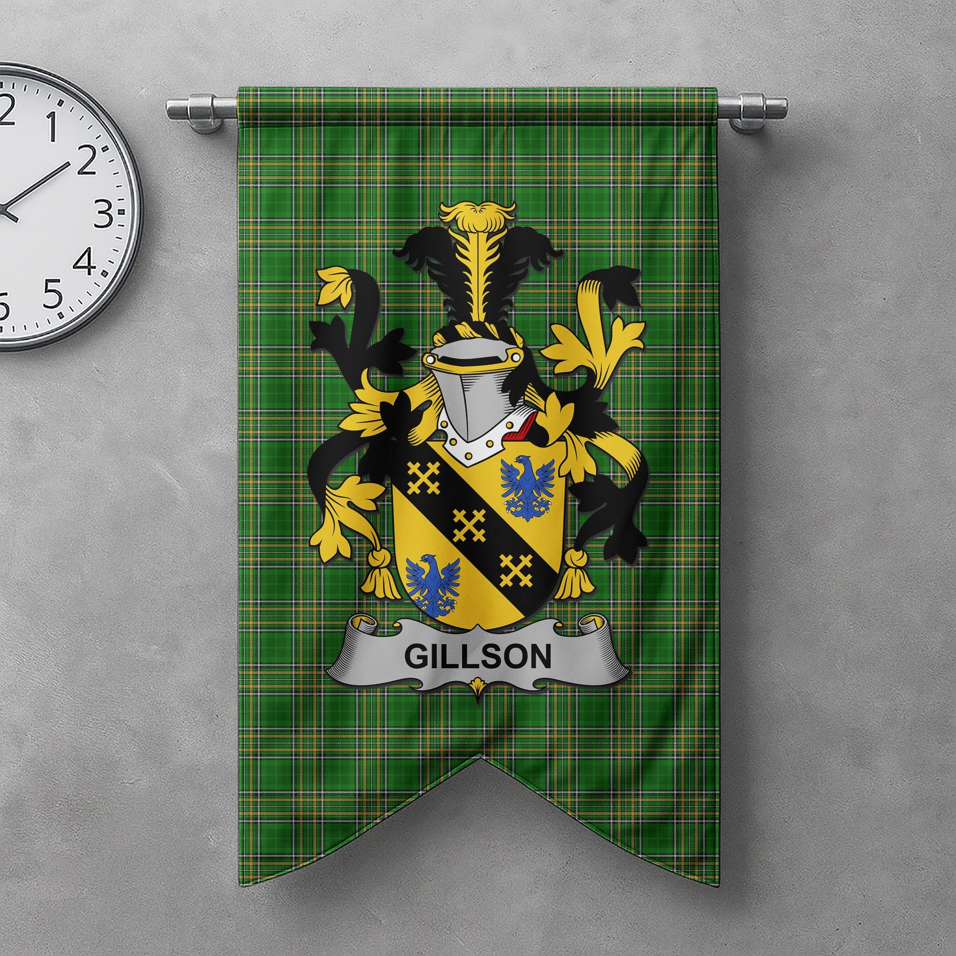 ScotsTee Shop Irish Gillson Clan Coat of Arms Irish Tartan Gonfalon Flag