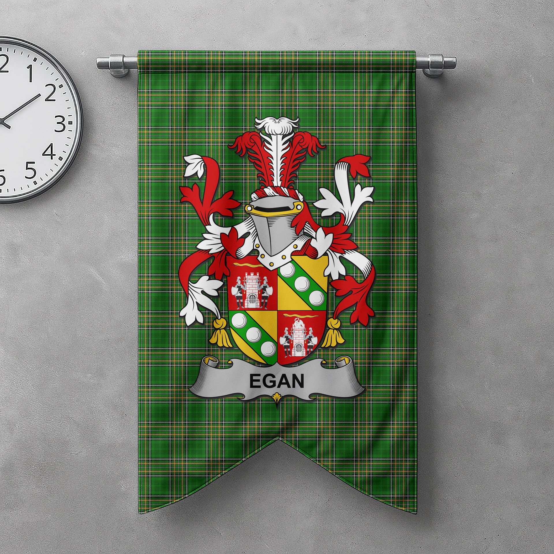 ScotsTee Shop Irish Egan or McEgan Clan Coat of Arms Irish Tartan Gonfalon Flag