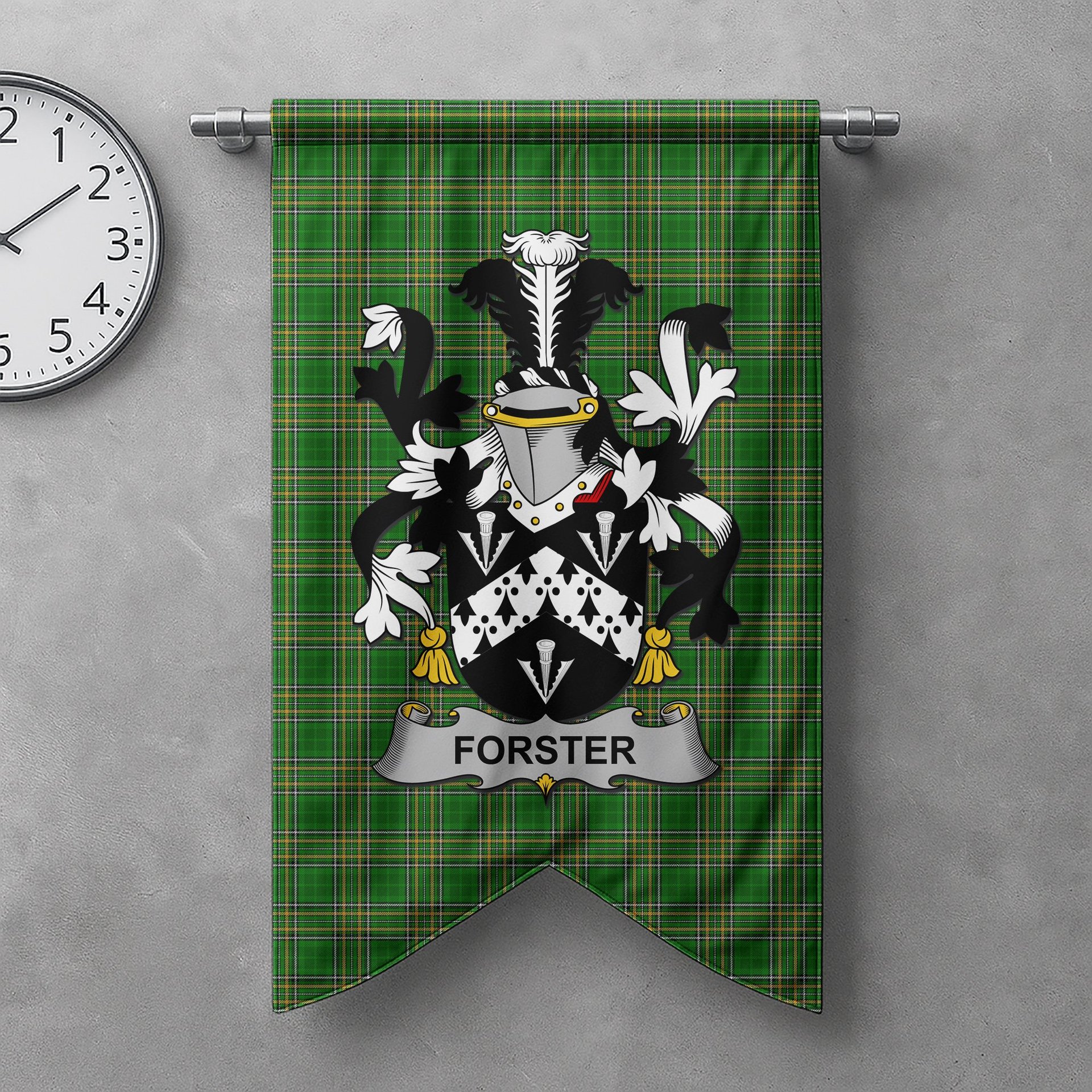ScotsTee Shop Irish Forster Clan Coat of Arms Irish Tartan Gonfalon Flag