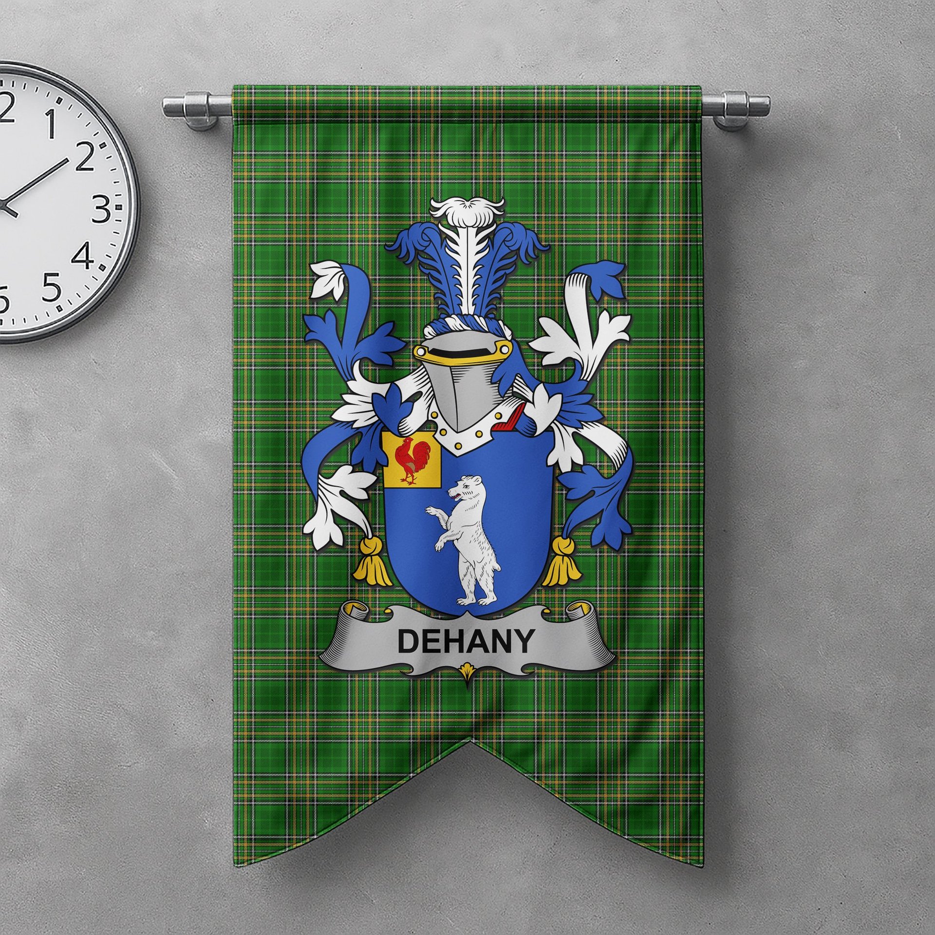 ScotsTee Shop Irish Dehany Clan Coat of Arms Irish Tartan Gonfalon Flag
