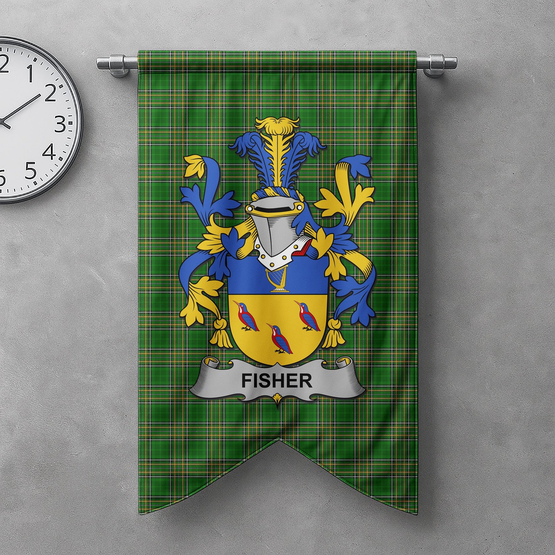 ScotsTee Shop Irish Fisher Clan Coat of Arms Irish Tartan Gonfalon Flag