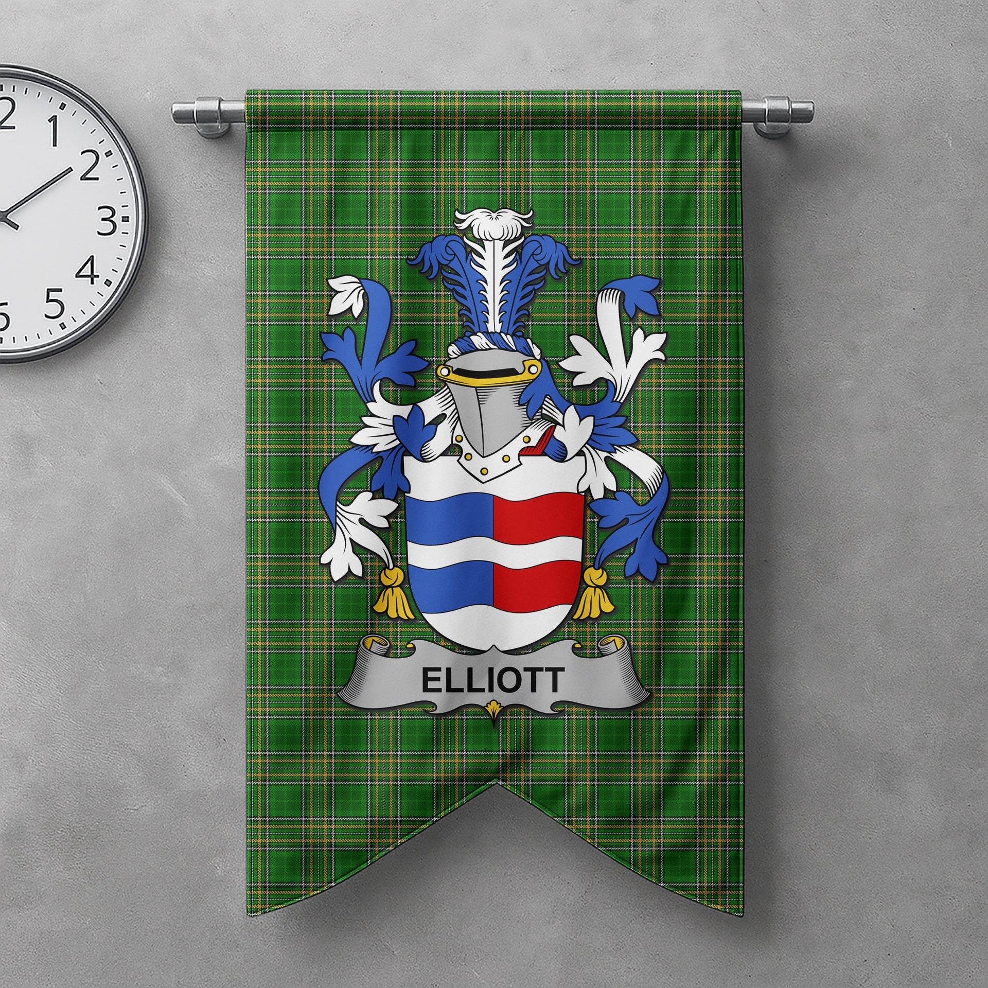 ScotsTee Shop Irish Elliott Clan Coat of Arms Irish Tartan Gonfalon Flag