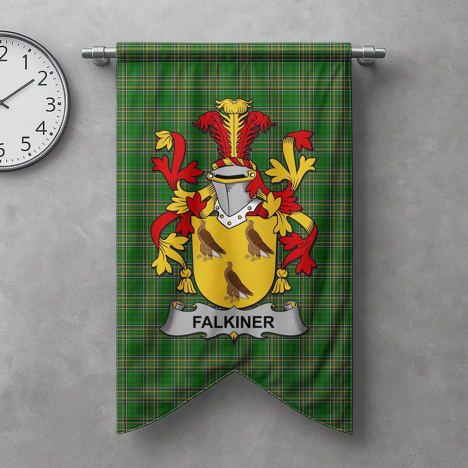 ScotsTee Shop Irish Falkiner Clan Coat of Arms Irish Tartan Gonfalon Flag