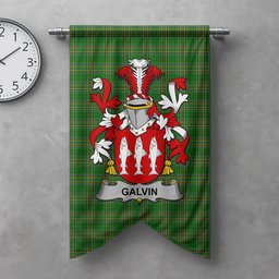ScotsTee Shop Irish Galvin or O'Galvin Clan Coat of Arms Irish Tartan Gonfalon Flag