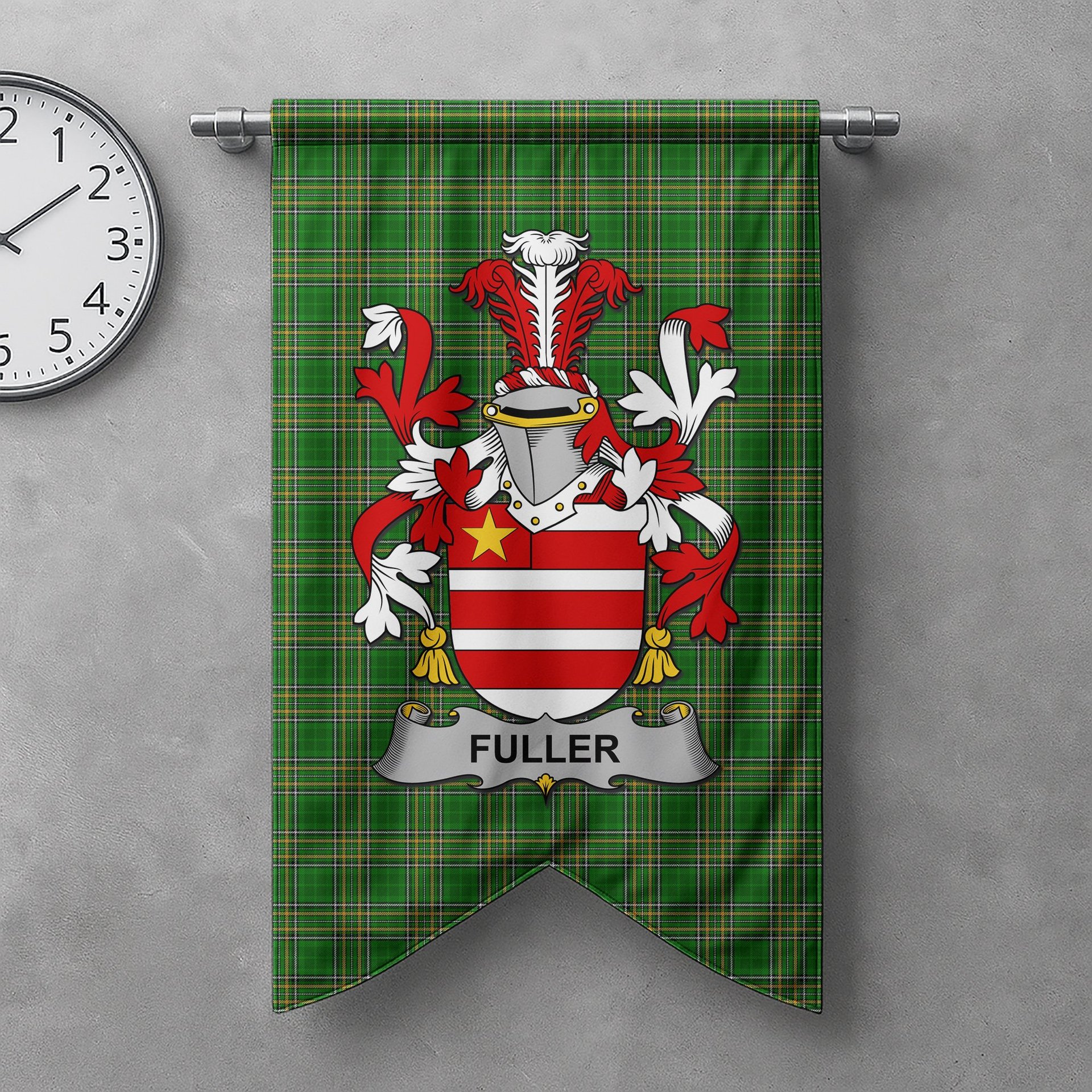 ScotsTee Shop Irish Fuller Clan Coat of Arms Irish Tartan Gonfalon Flag