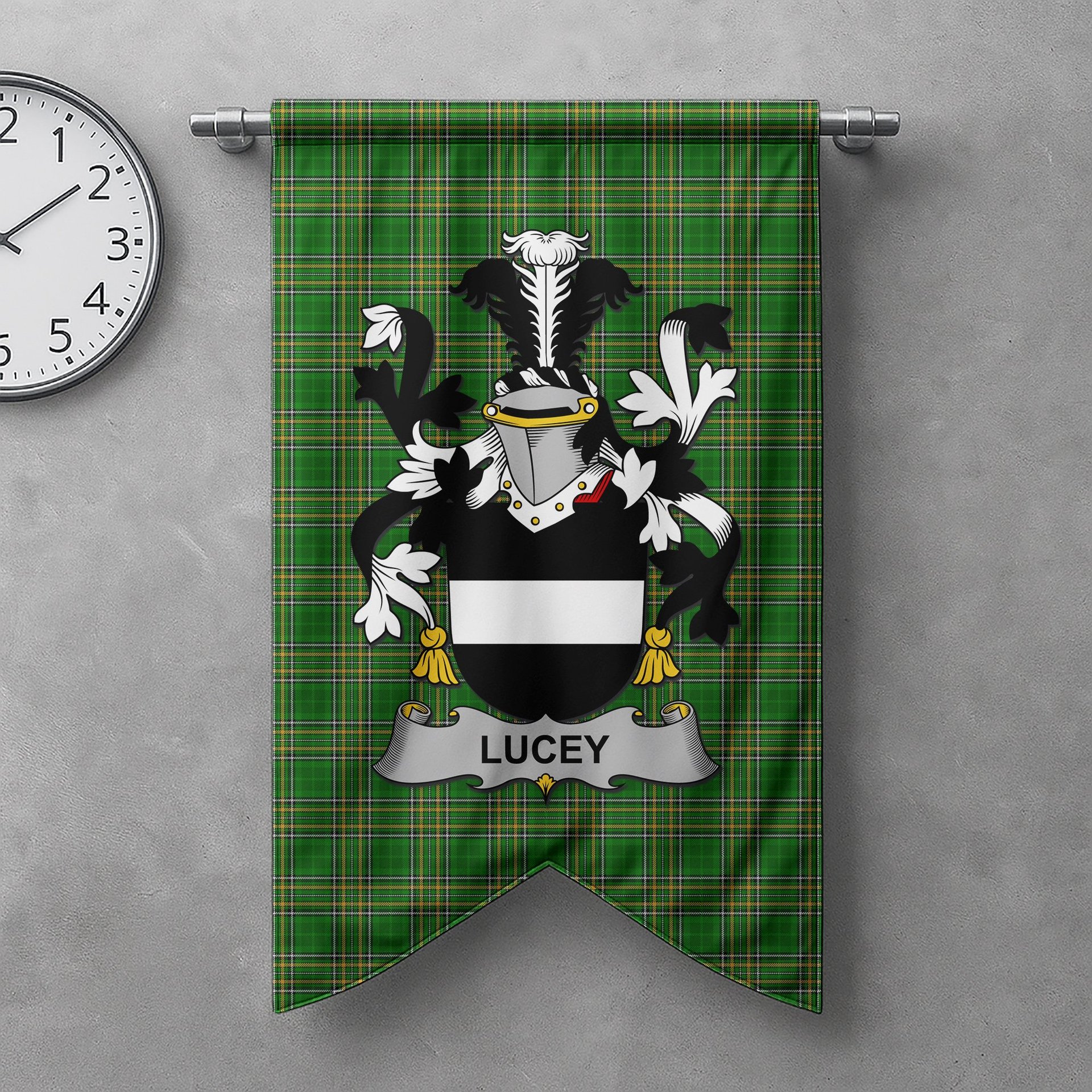 ScotsTee Shop Irish Lucey or O'Lucy Clan Coat of Arms Irish Tartan Gonfalon Flag