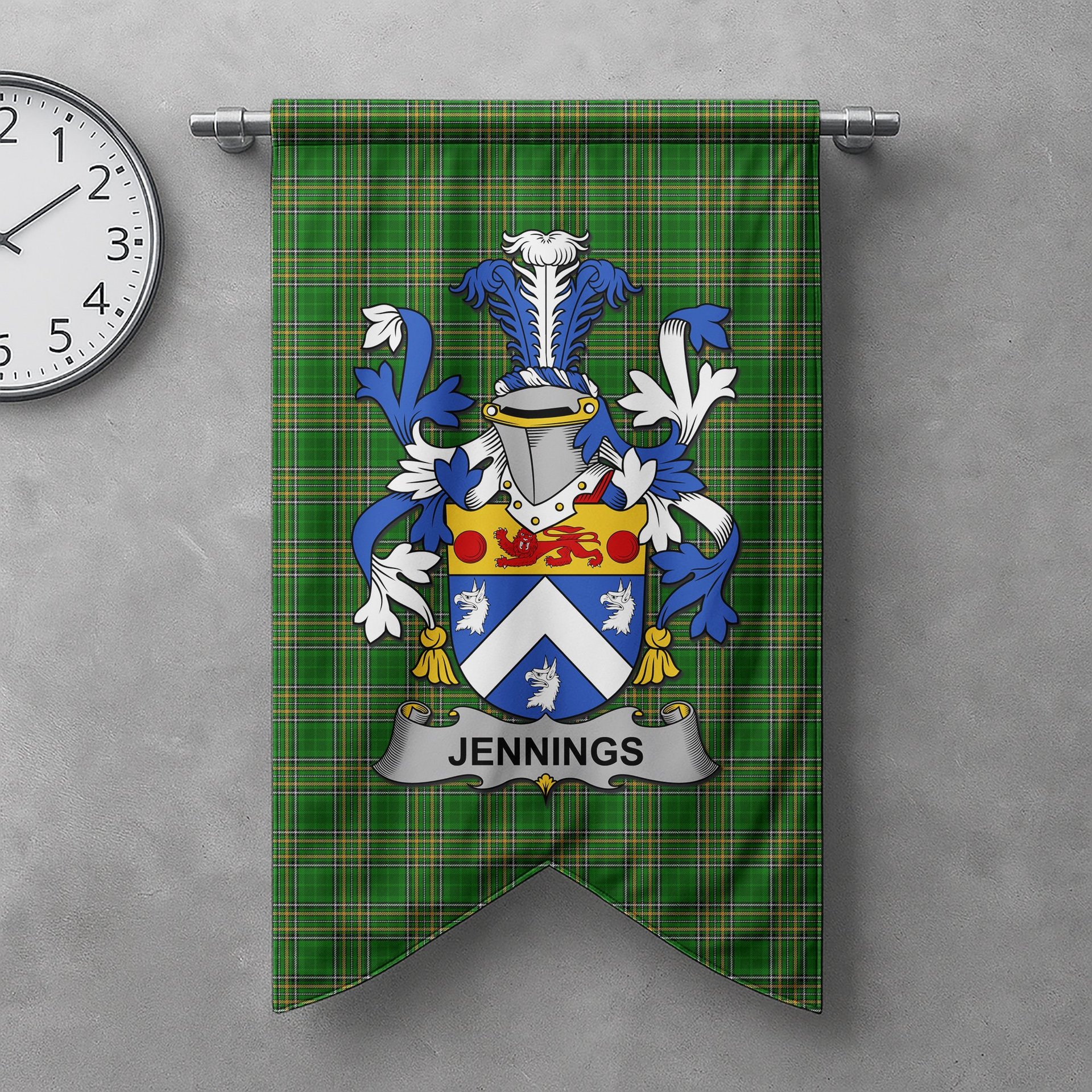 ScotsTee Shop Irish Jennings or Jennyns Clan Coat of Arms Irish Tartan Gonfalon Flag