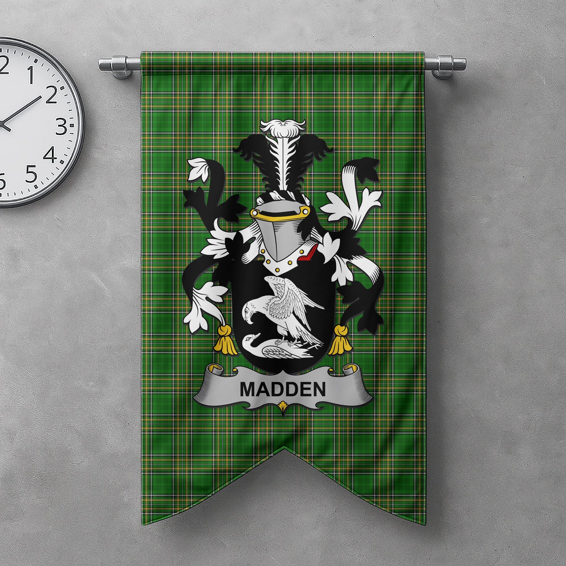 ScotsTee Shop Irish Madden or O'Madden Clan Coat of Arms Irish Tartan Gonfalon Flag