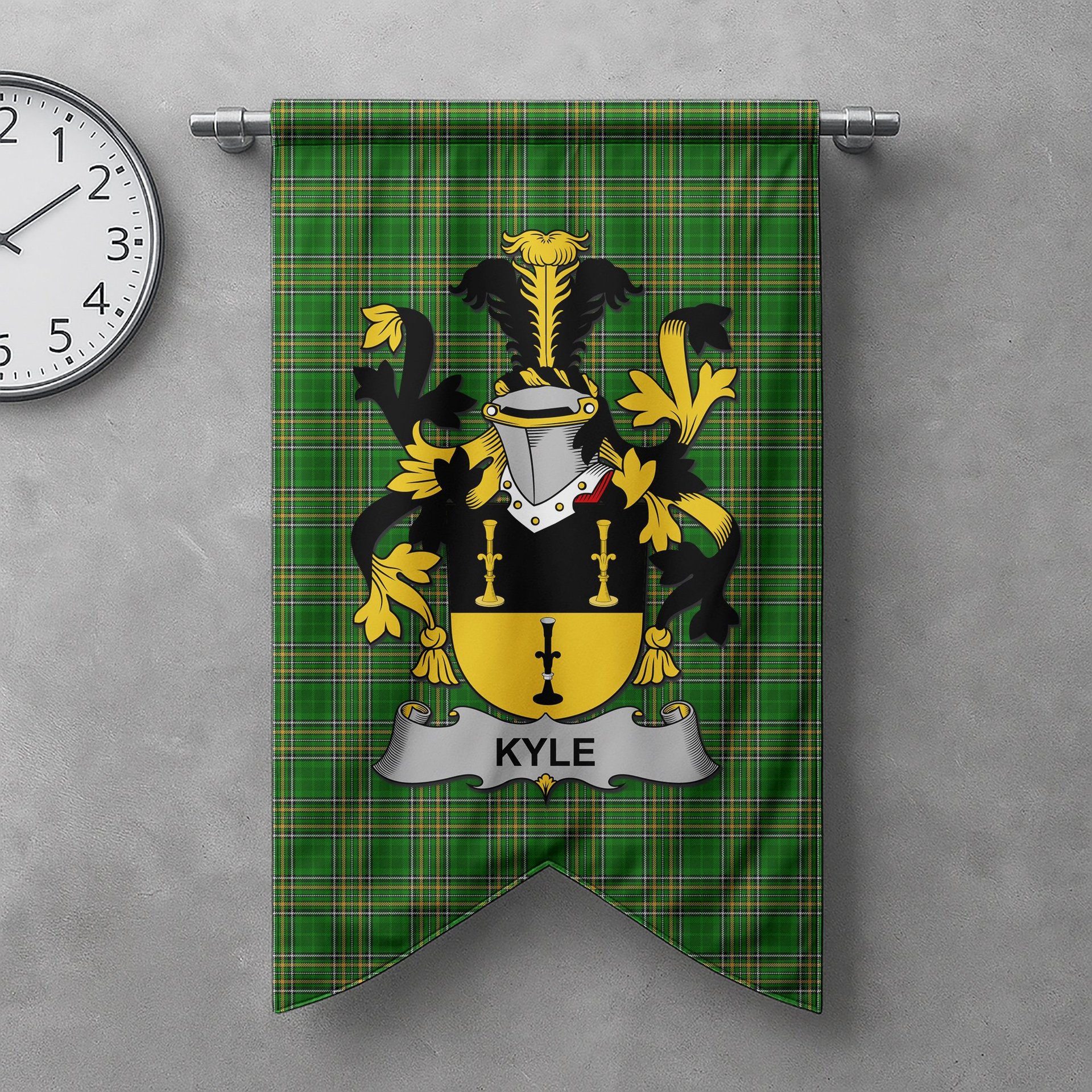 ScotsTee Shop Irish Kyle Clan Coat of Arms Irish Tartan Gonfalon Flag