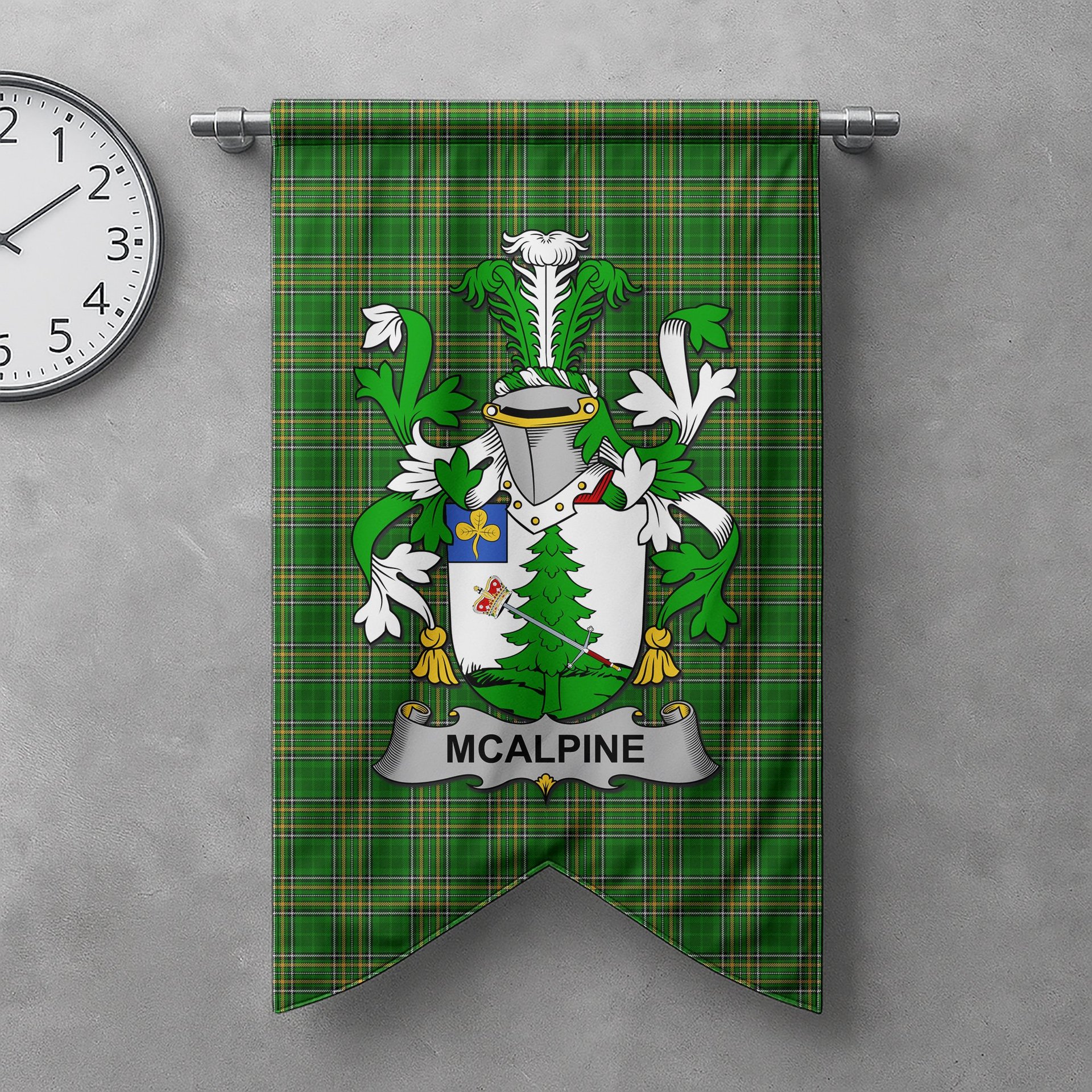 ScotsTee Shop Irish McAlpine or MacAlpin Clan Coat of Arms Irish Tartan Gonfalon Flag
