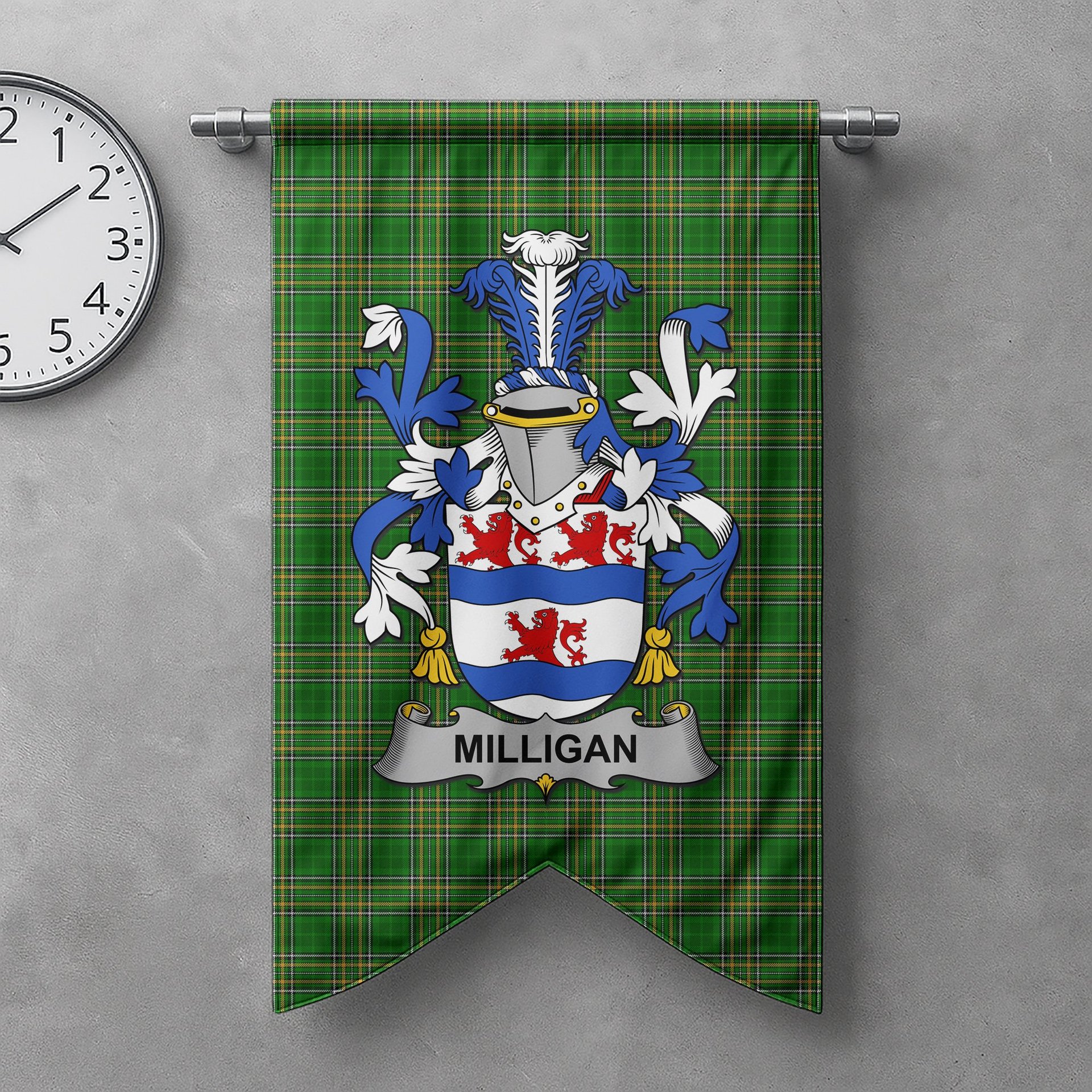 ScotsTee Shop Irish Milligan Clan Coat of Arms Irish Tartan Gonfalon Flag