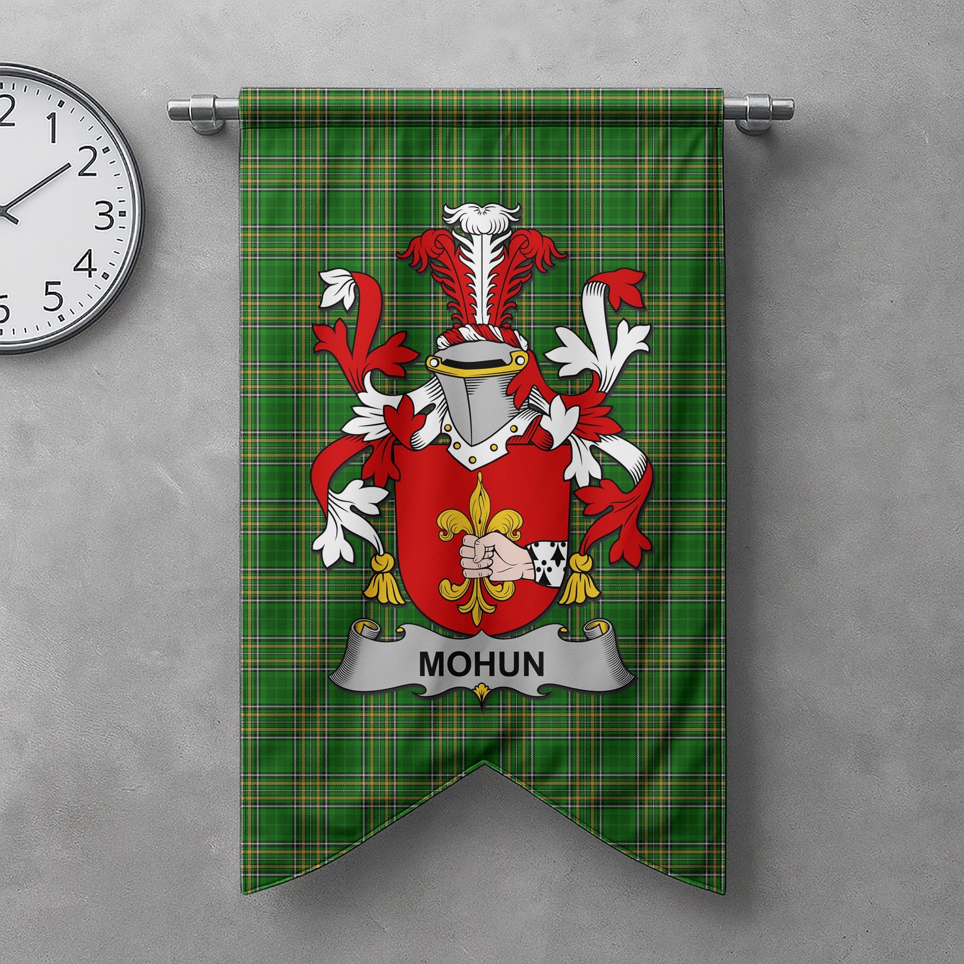 ScotsTee Shop Irish Mohun or Mohan Clan Coat of Arms Irish Tartan Gonfalon Flag