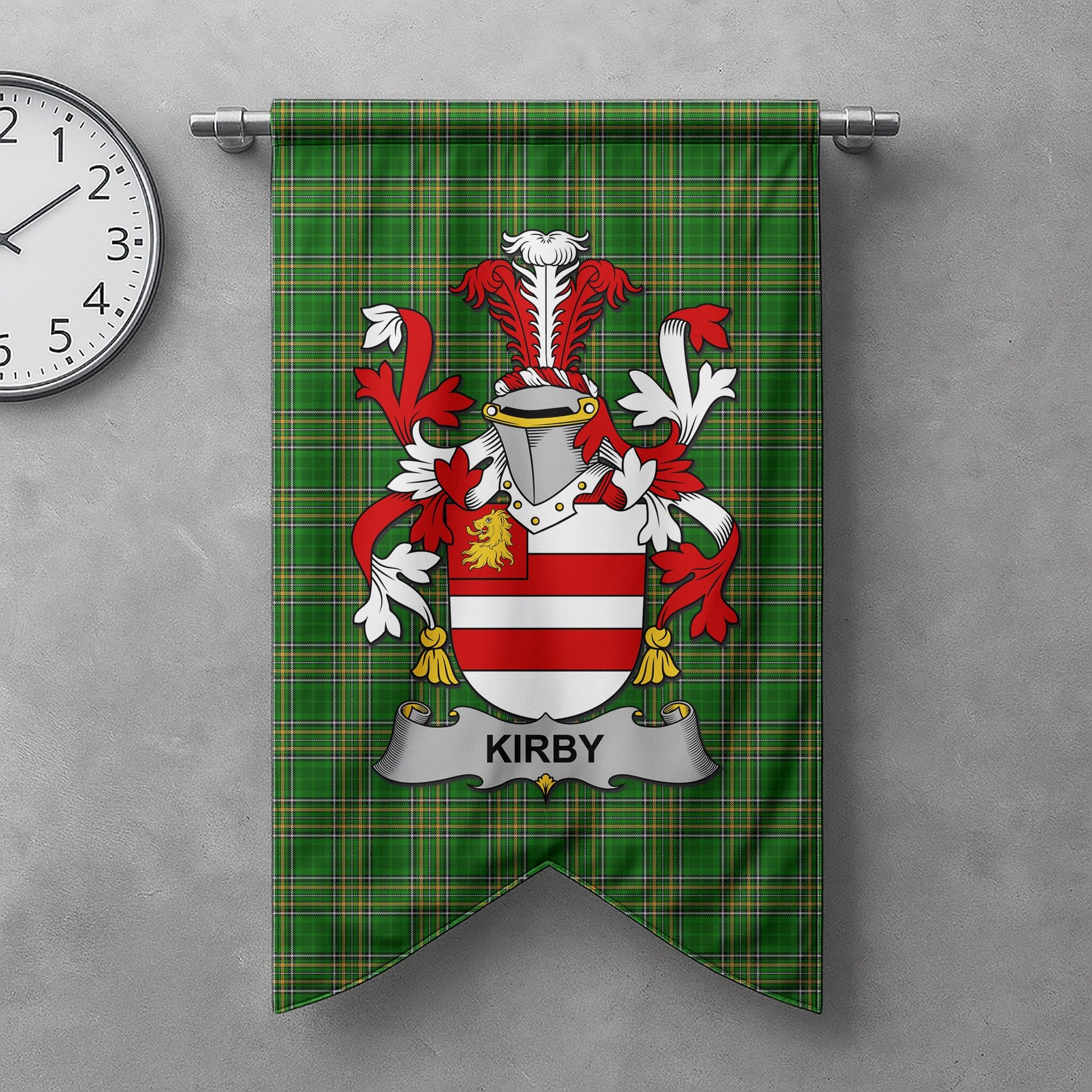 ScotsTee Shop Irish Kirby or O'Kirby Clan Coat of Arms Irish Tartan Gonfalon Flag