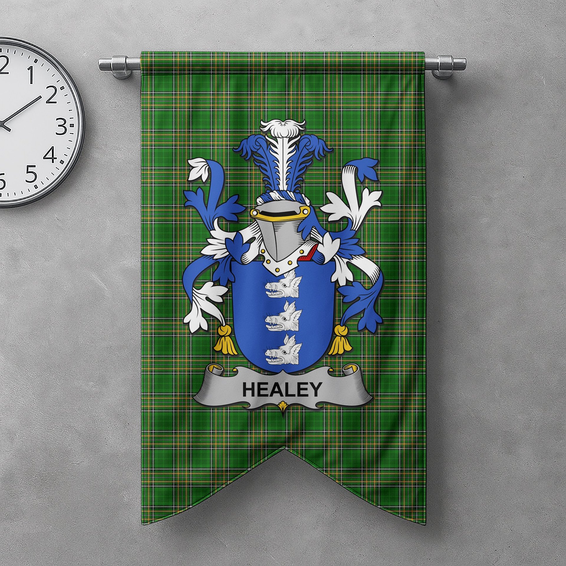 ScotsTee Shop Irish Healey or O'Healey Clan Coat of Arms Irish Tartan Gonfalon Flag