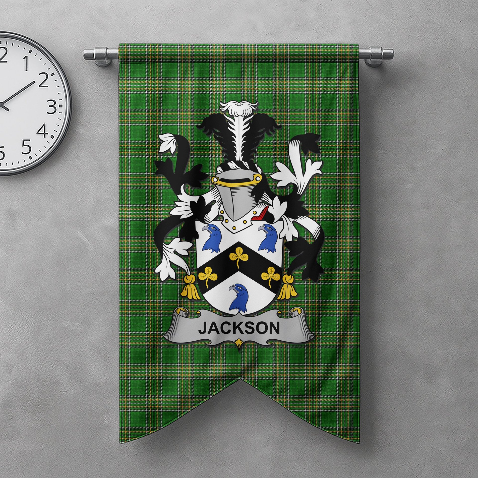 ScotsTee Shop Irish Jackson Clan Coat of Arms Irish Tartan Gonfalon Flag