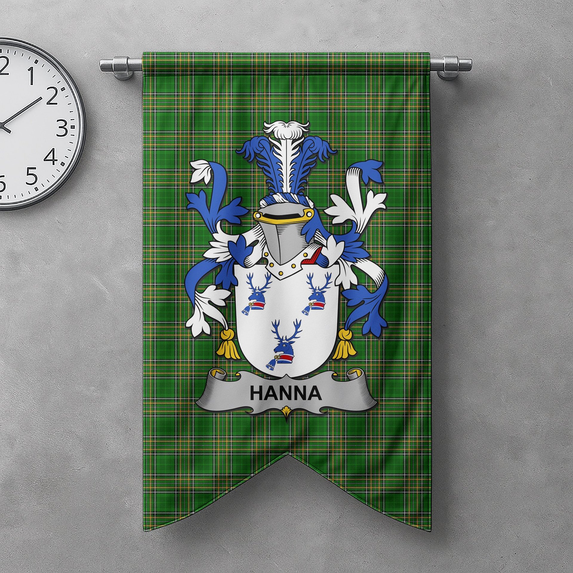 ScotsTee Shop Irish Hanna or O'Hanna Clan Coat of Arms Irish Tartan Gonfalon Flag
