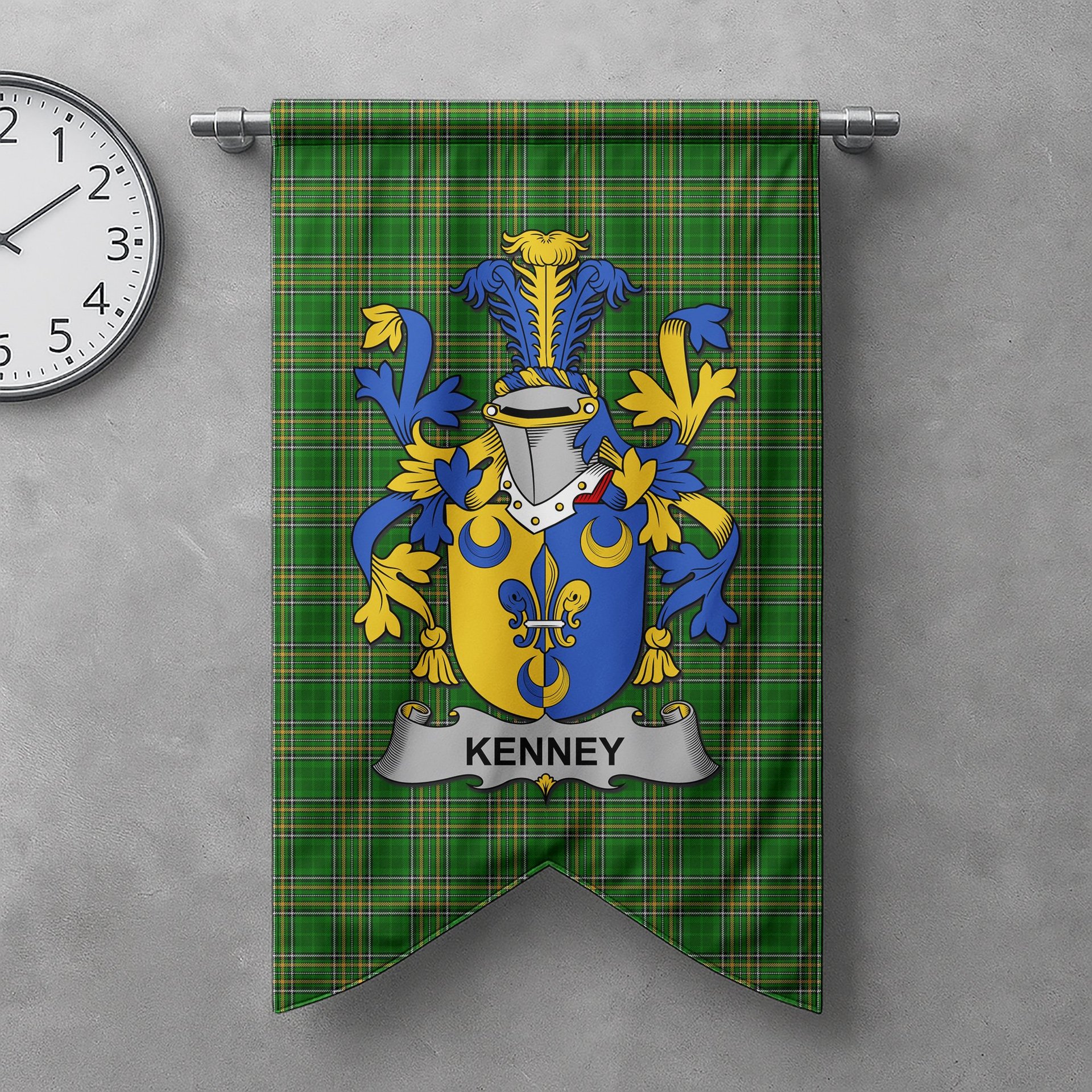 ScotsTee Shop Irish Kenney or O'Kenny Clan Coat of Arms Irish Tartan Gonfalon Flag