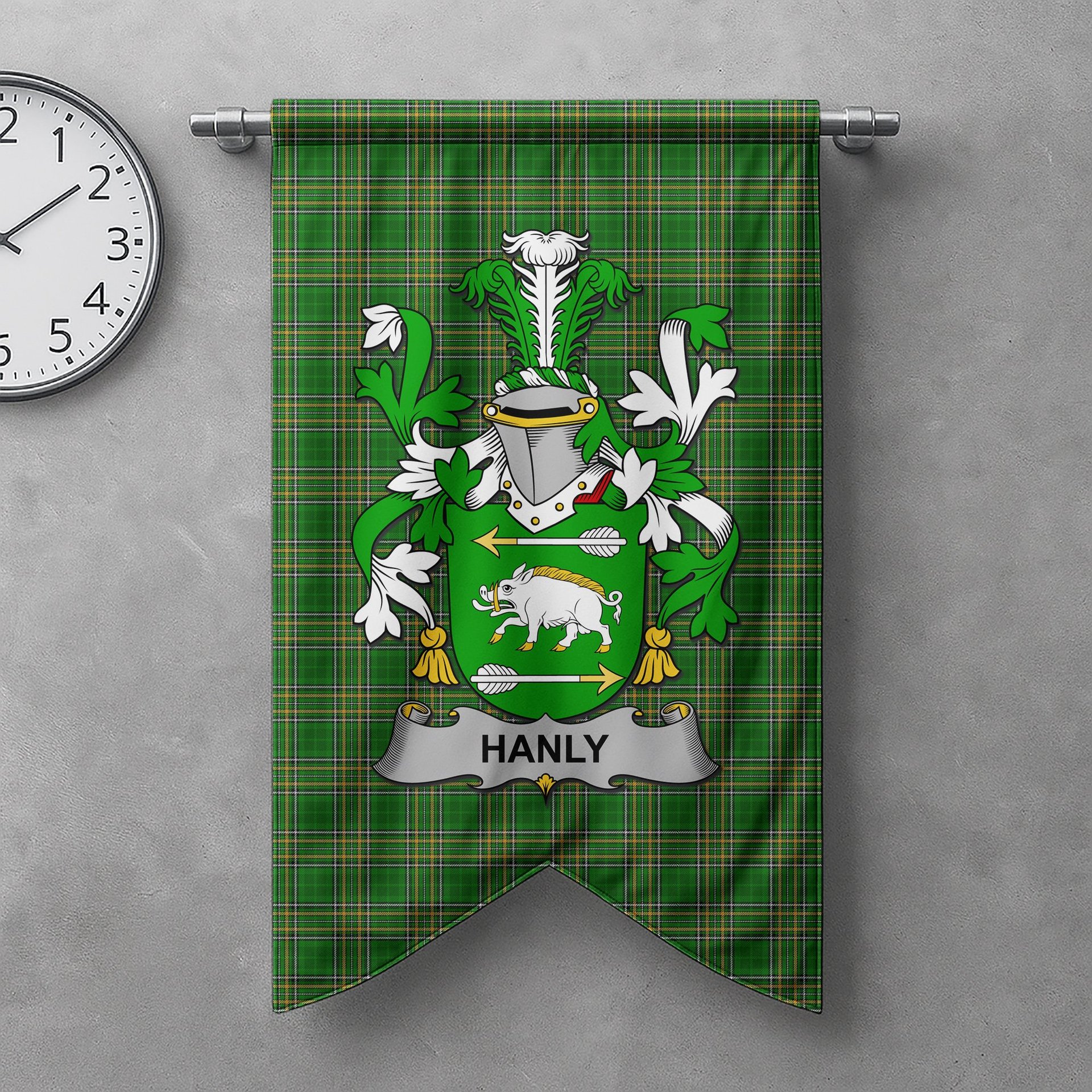 ScotsTee Shop Irish Hanly or O'Hanley Clan Coat of Arms Irish Tartan Gonfalon Flag